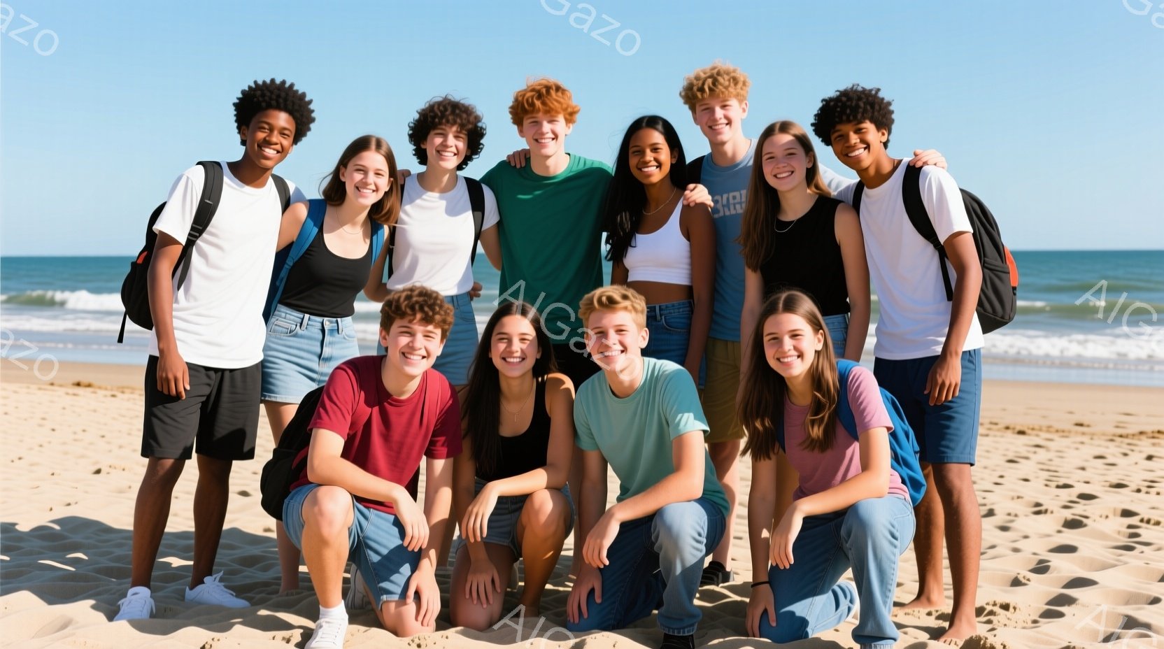 砂浜に十人の若い男女が写っており、皆笑顔でカメラに向かってポーズをとっています。彼らはカジュアルな服装で、Tシャツ、ジーンズ、短パンなどを着用しており、数人はリュックサックを背負っています。背景には青 - AI生成フリー素材