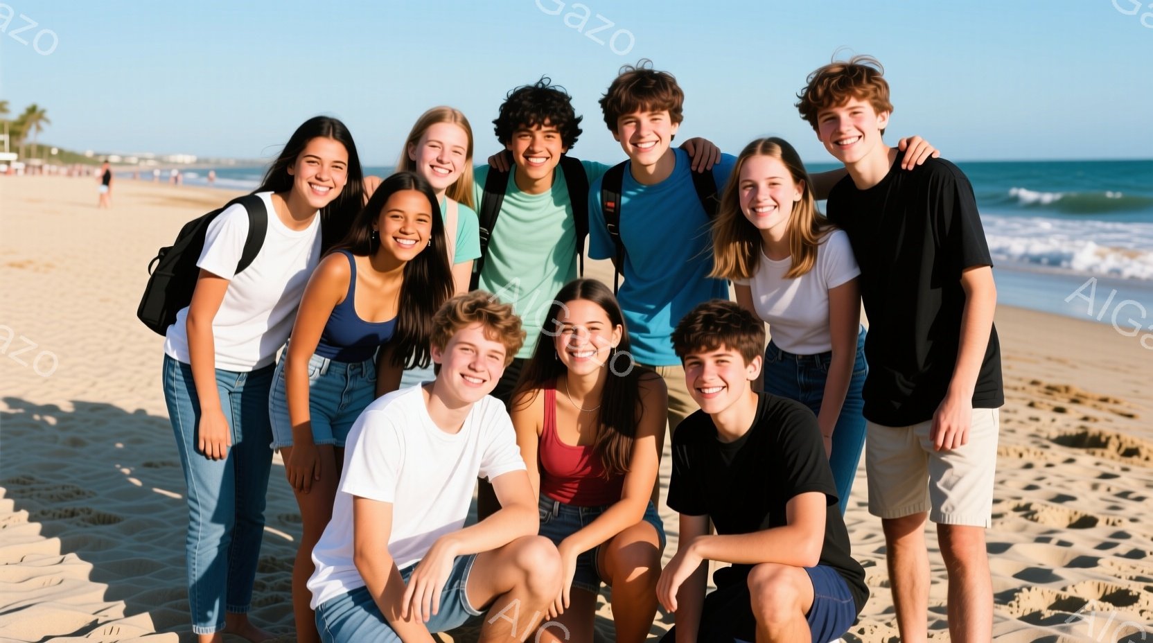砂浜に若い男女がグループで写っている写真です。彼らは皆カジュアルな服装で、Tシャツやショートパンツなどを着ています。笑顔で肩を組んだり、膝を抱えて座ったりしており、楽しそうな雰囲気が伝わってきます。 - AI生成フリー素材