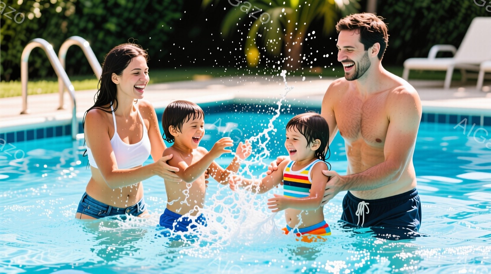 プールの中で、笑顔の母親と父親がそれぞれ子供たちを抱きかかえ、水しぶきを上げて楽しんでいます。母親は白いビキニトップとデニムショートパンツ、父親は紺色の水着姿で、子供たちはカラフルな水着を着ています。背景には、木々や白いリクライニングチェアが見え、晴天の下、家族の幸せな時間が表現されています。