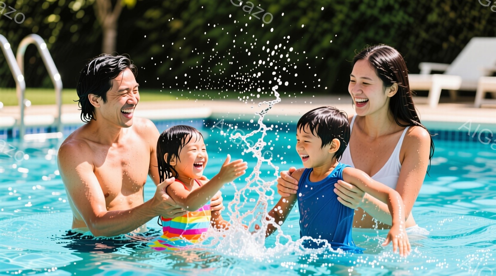 家族が水中で楽しそうにしている写真です。父親は上半身裸で、娘を抱きかかえ、息子は青い水着を着ています。母親は白い水着を着て笑顔で、背景にはプールと緑豊かな自然、そして晴れた空が見えます。 - AI生成フリー素材