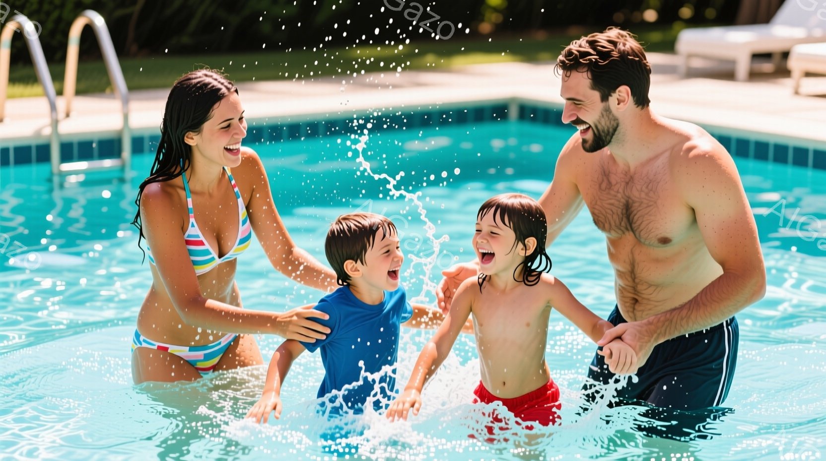 家族がプールの中で水遊びをしている様子が写っている。母親はストライプのビキニを着て、長髪を後ろに束ね、笑顔で息子たちと戯れている。息子たちはそれぞれ青と赤の水着を着ており、水しぶきを浴びて大喜びしている様子で、父親もまた笑顔で息子たちと楽しんでいる。