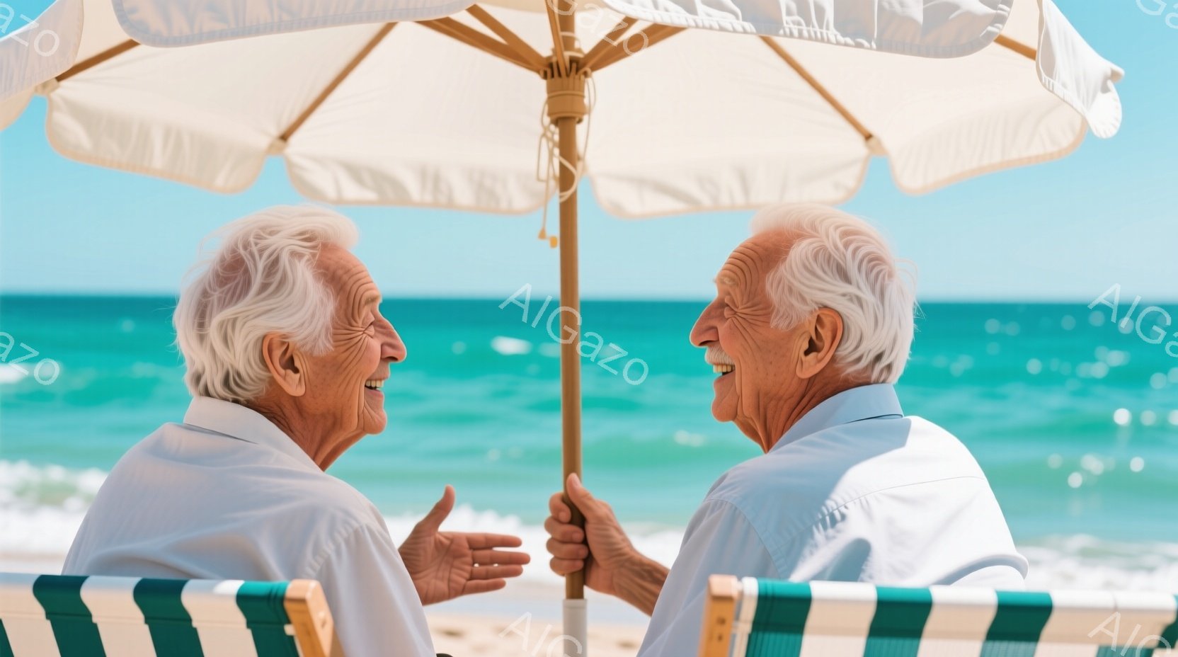 白髪の老夫婦が、ストライプ柄のビーチチェアに座り、楽しそうに会話しています。二人は明るいブルーのシャツを着ており、満面の笑みを浮かべています。背景には青い海と空が広がり、晴れた夏の日の穏やかな雰囲気が漂っています。