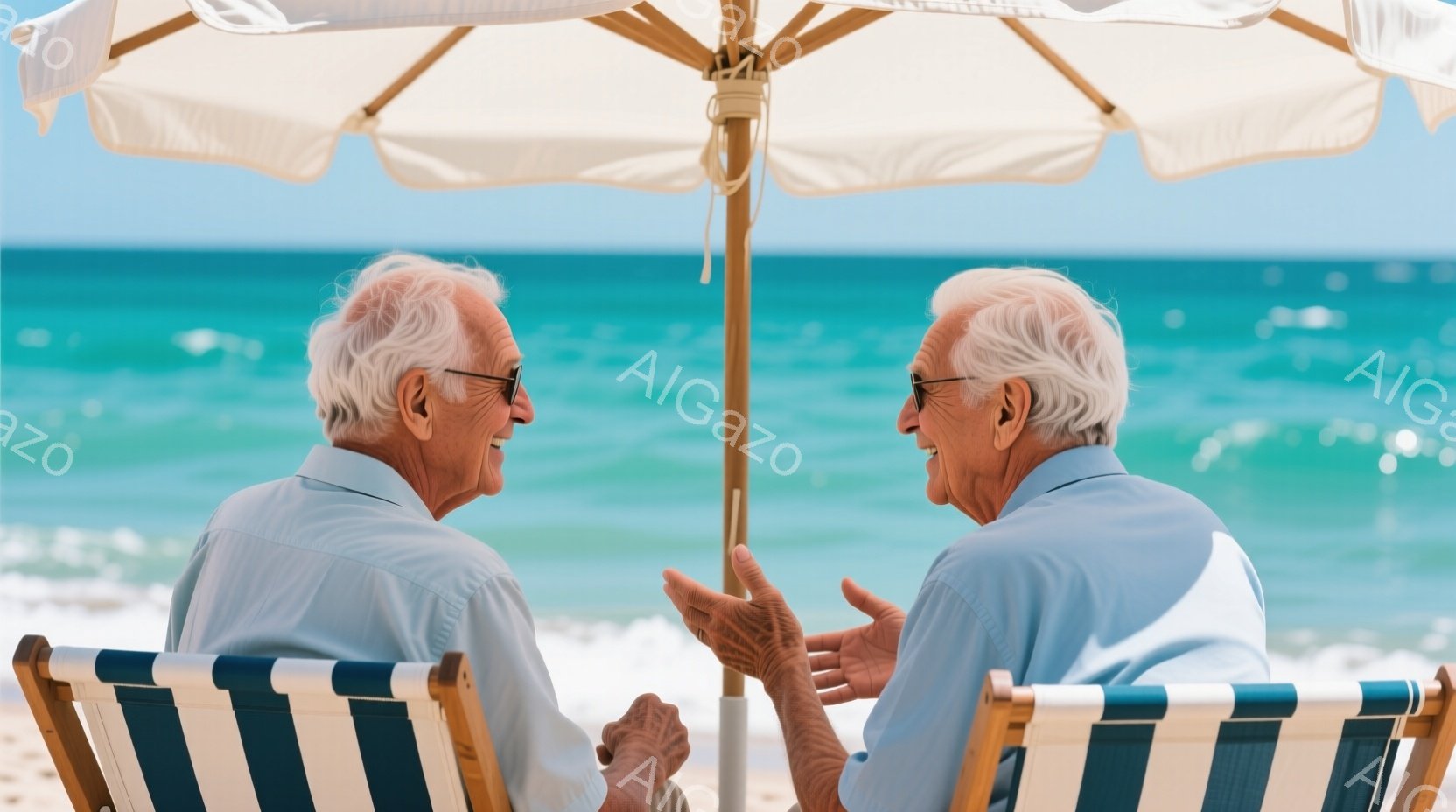 白髪の男性二人がビーチチェアに座り、互いに向き合って話しています。彼らは青いシャツを着ており、笑顔で穏やかな表情を浮かべています。背景にはターコイズブルーの海が広がり、晴天の下、リラックスした雰囲気が漂っています。