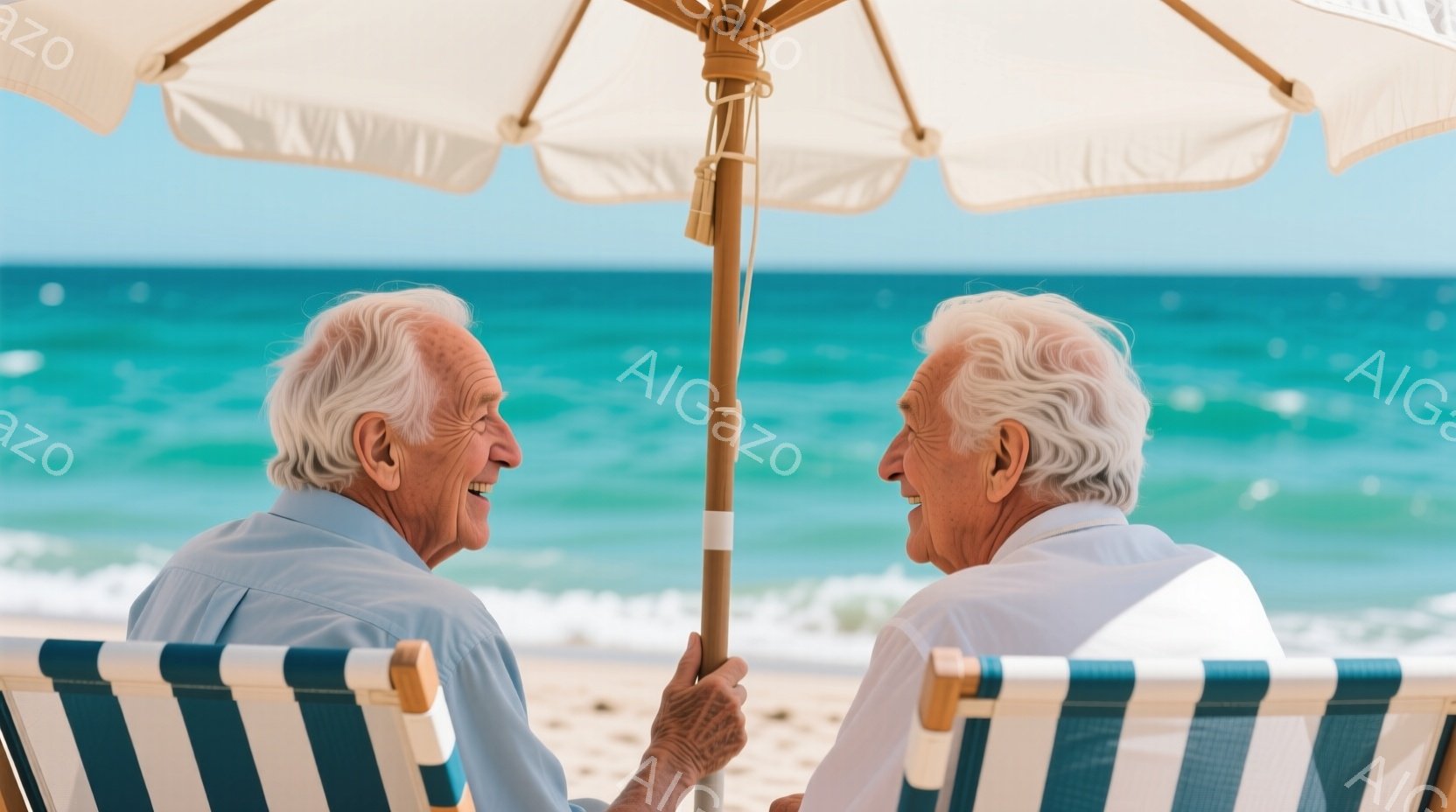 白髪の男性二人が、ストライプのビーチチェアに座り、互いに微笑み合っています。彼らは明るい色のシャツを着ており、背景にはターコイズブルーの海と白い砂浜が広がっています。全体的に穏やかで、リラックスした雰囲気の、夏のビーチの風景です。