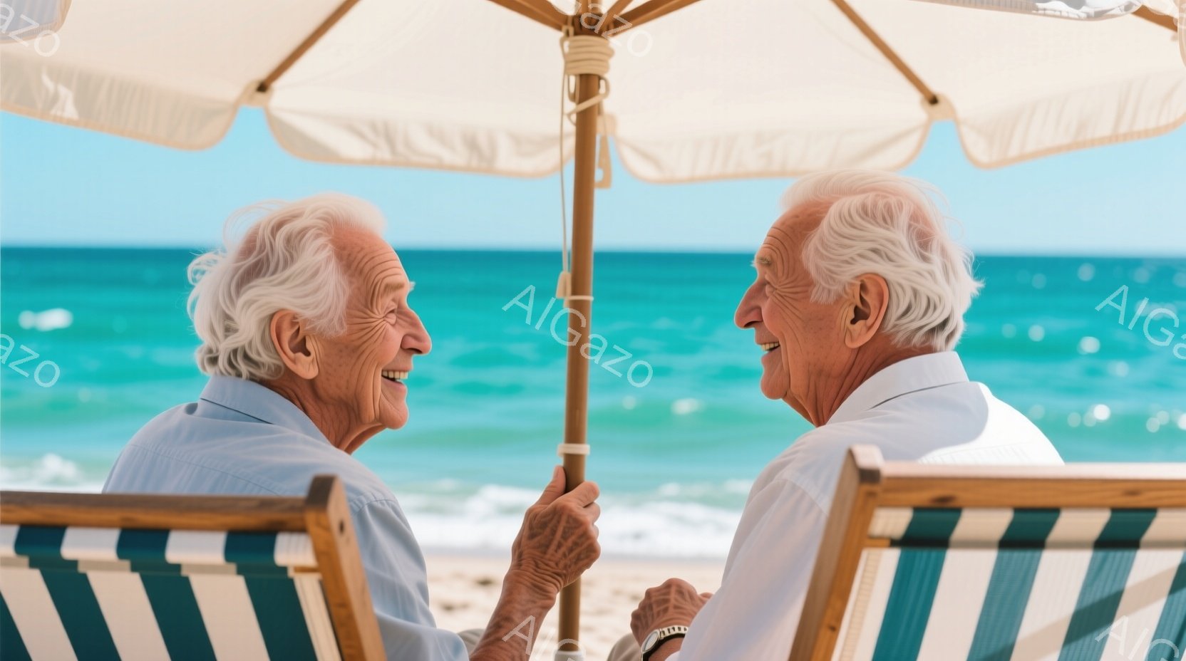 白髪でしわが刻まれた男性が二人、ストライプ柄のビーチチェアに座り、互いに微笑み合っています。二人は薄い青色のシャツを着ており、片手でビーチチェアの肘掛けに触れ、穏やかな表情を浮かべています。背景にはターコイズブルーの海と晴天が広がり、リラックスした穏やかな雰囲気を醸し出しています。
