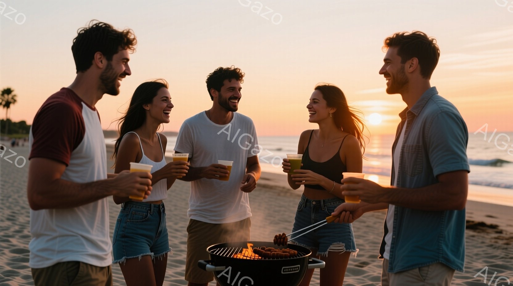 海辺でバーベキューを楽しむ若い男女四人が写っている。彼らは皆カジュアルな服装で、明るい表情で互いに向き合っている。背景には夕焼けの空と海が広がり、リラックスした穏やかな雰囲気が漂っている。