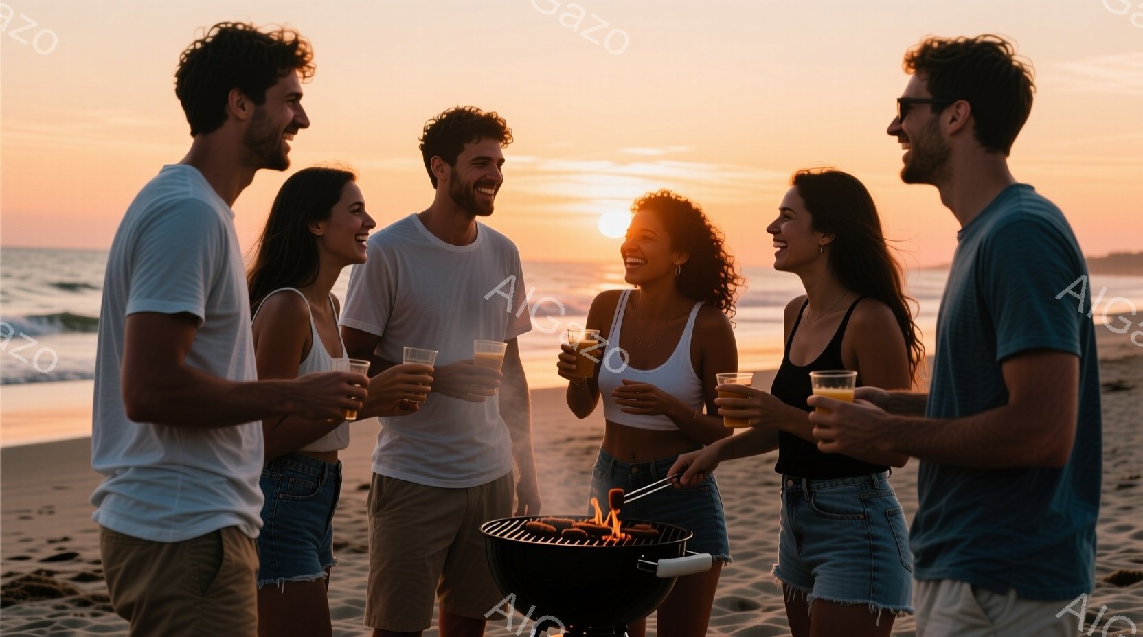 砂浜でバーベキューを楽しむ若い男女５人が写っている。彼らは皆カジュアルな服装で、明るい表情で互いに見つめ合い、オレンジジュースのような飲み物を手にしている。背景には夕焼けが広がり、波の音と暖かな光が、楽しい夏の日の雰囲気を醸し出している。