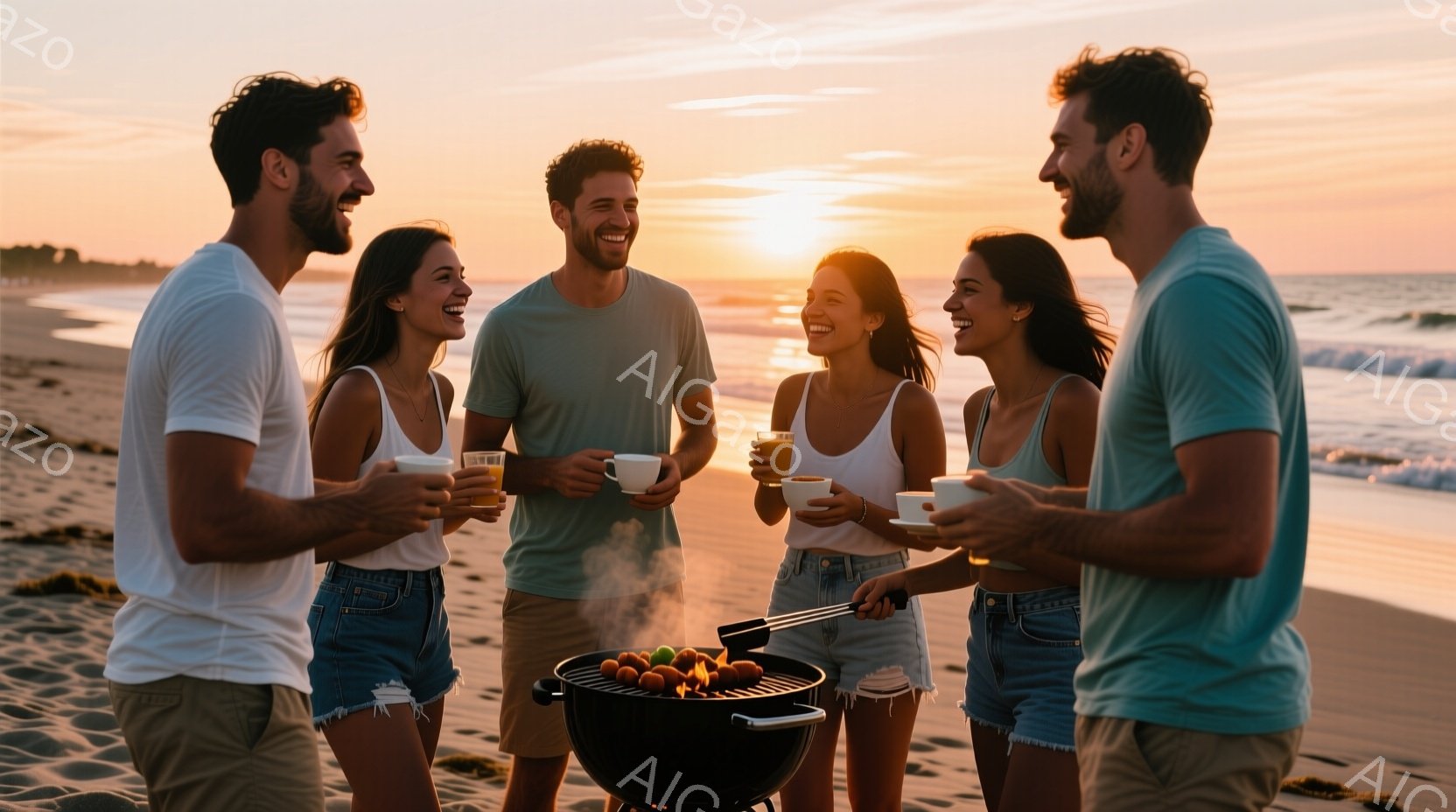 砂浜で、若い男女５人がバーベキューを楽しんでいる様子が写っている。彼らはカジュアルな服装で、日焼けした肌と笑顔を見せ、リラックスした雰囲気でグラスを手にしている。背景には穏やかな海と夕焼け空が広がり、暖かく楽しい夏の光景を伝えている。