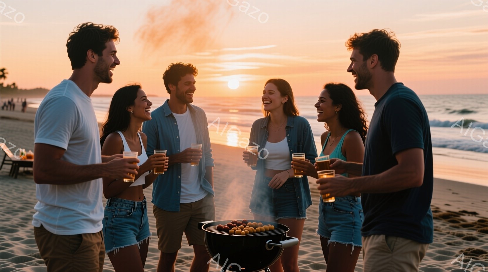 砂浜でバーベキューを楽しむ若い男女５人が写っている。彼らは皆カジュアルな夏の服装で、笑顔でグラスを手にしている。背景には穏やかな海と夕焼け空が広がり、暖かく幸せな雰囲気を醸し出している。