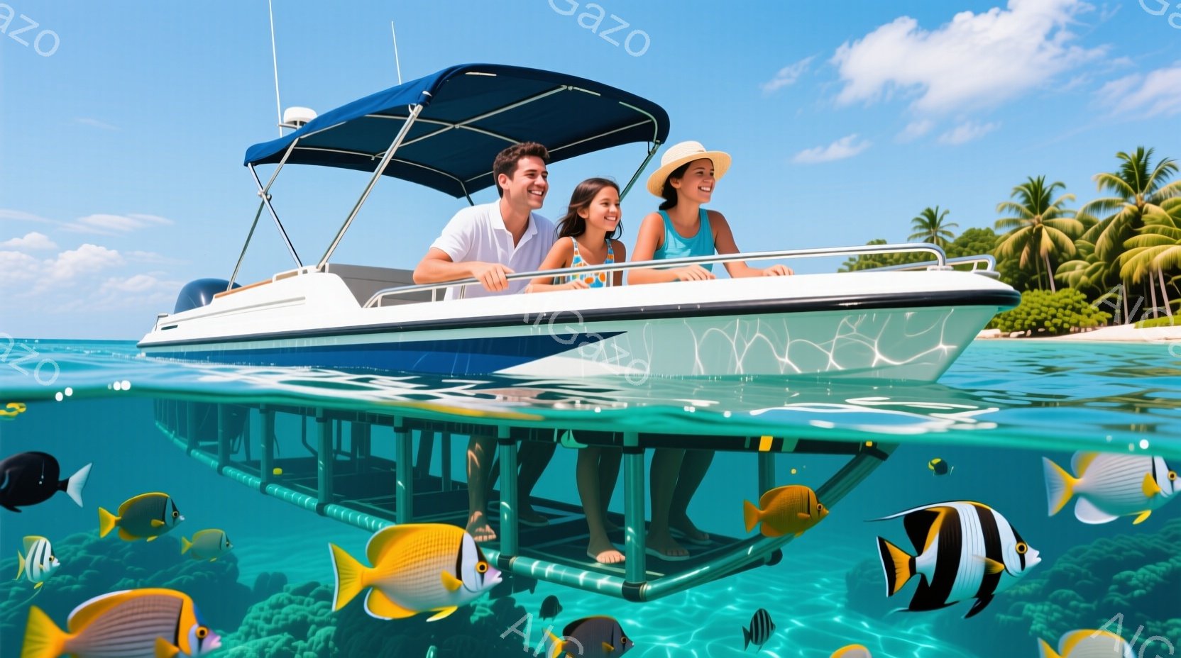 紺色と白のボートに乗った若い男女が写っており、女性は麦わら帽子をかぶり、水色のタンクトップとショートパンツを着用しています。男性はTシャツを着ており、二人は笑顔で前方を向いており、リラックスした様子です。背景には青い空とヤシの木が見え、水面下にはカラフルな熱帯魚やサンゴ礁が広がり、温暖な楽園のような雰囲気を醸し出しています。