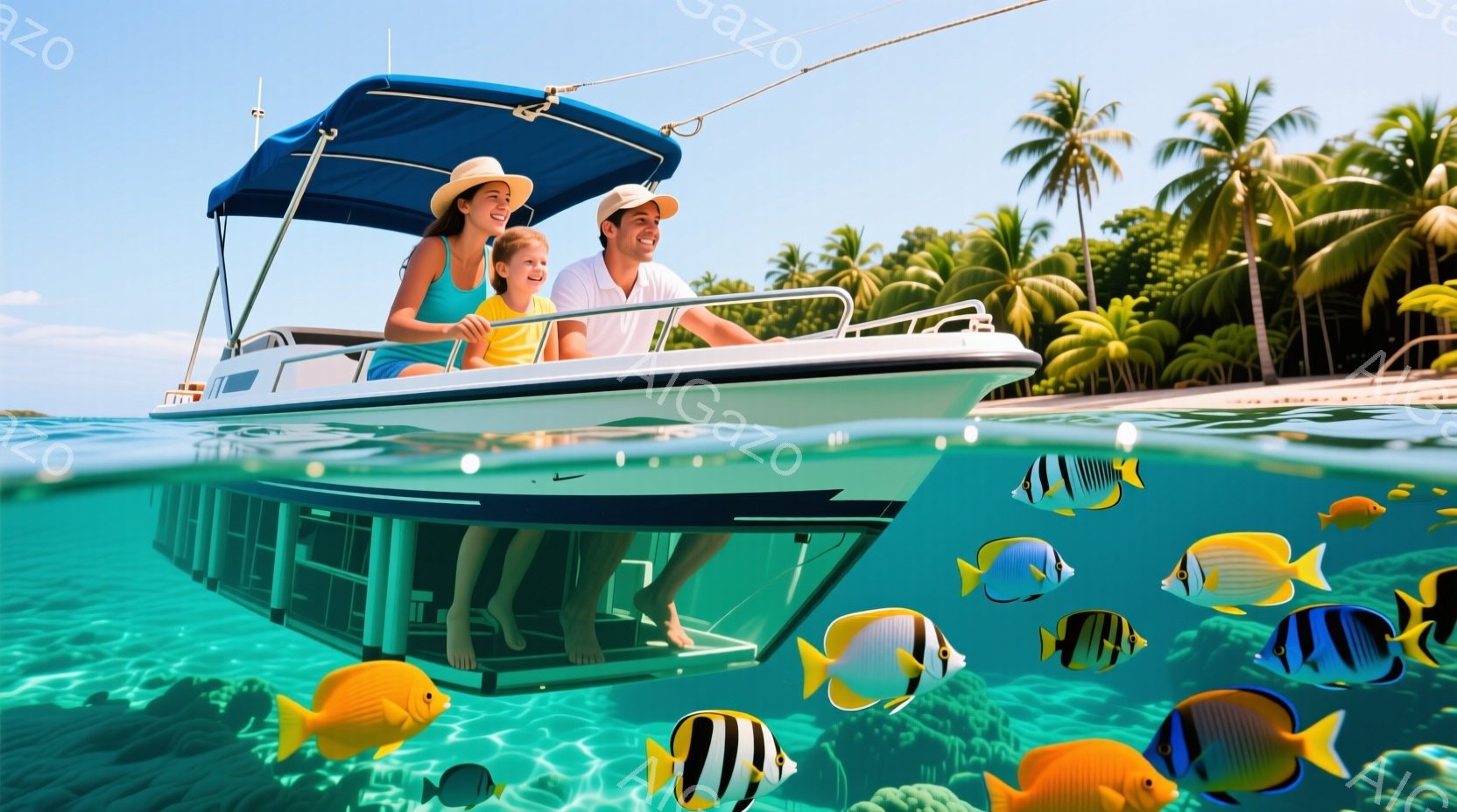 透明な船の中に女性と少女が乗っており、両者とも笑顔で海中を眺めている。女性はタンクトップとショートパンツ、少女は黄色いTシャツを着ており、どちらも帽子を被っている。背景には青い空、白い砂浜、ヤシの木々 - AI生成フリー素材