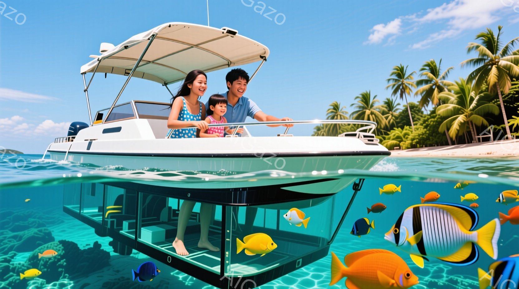 透明な船底を持つ白いボートに乗った女性と幼い少女が写っています。女性はサングラスをかけ、白いTシャツとショーツ姿で微笑んでおり、少女はピンクのドレスを着て、女性の隣で笑顔を見せています。背景には青い空、白い砂浜、ヤシの木々が見え、水面下にはカラフルな熱帯魚や珊瑚礁が広がっており、穏やかで楽しい雰囲気を醸し出しています。