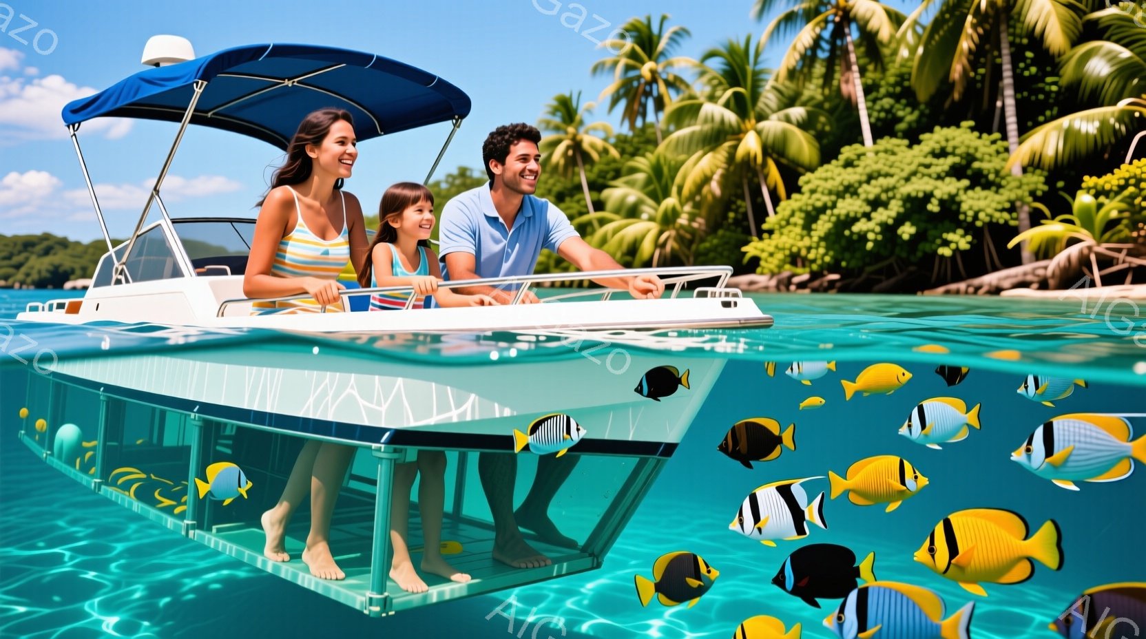 船の半分が水中にあり、透明な部分を通してカラフルな熱帯魚が見える様子が描かれています。女性は肩出しのトップスとショートパンツ、女の子は青いシャツ、男性はシャツを着ており、全員が笑顔で海を眺めています。 - AI生成フリー素材