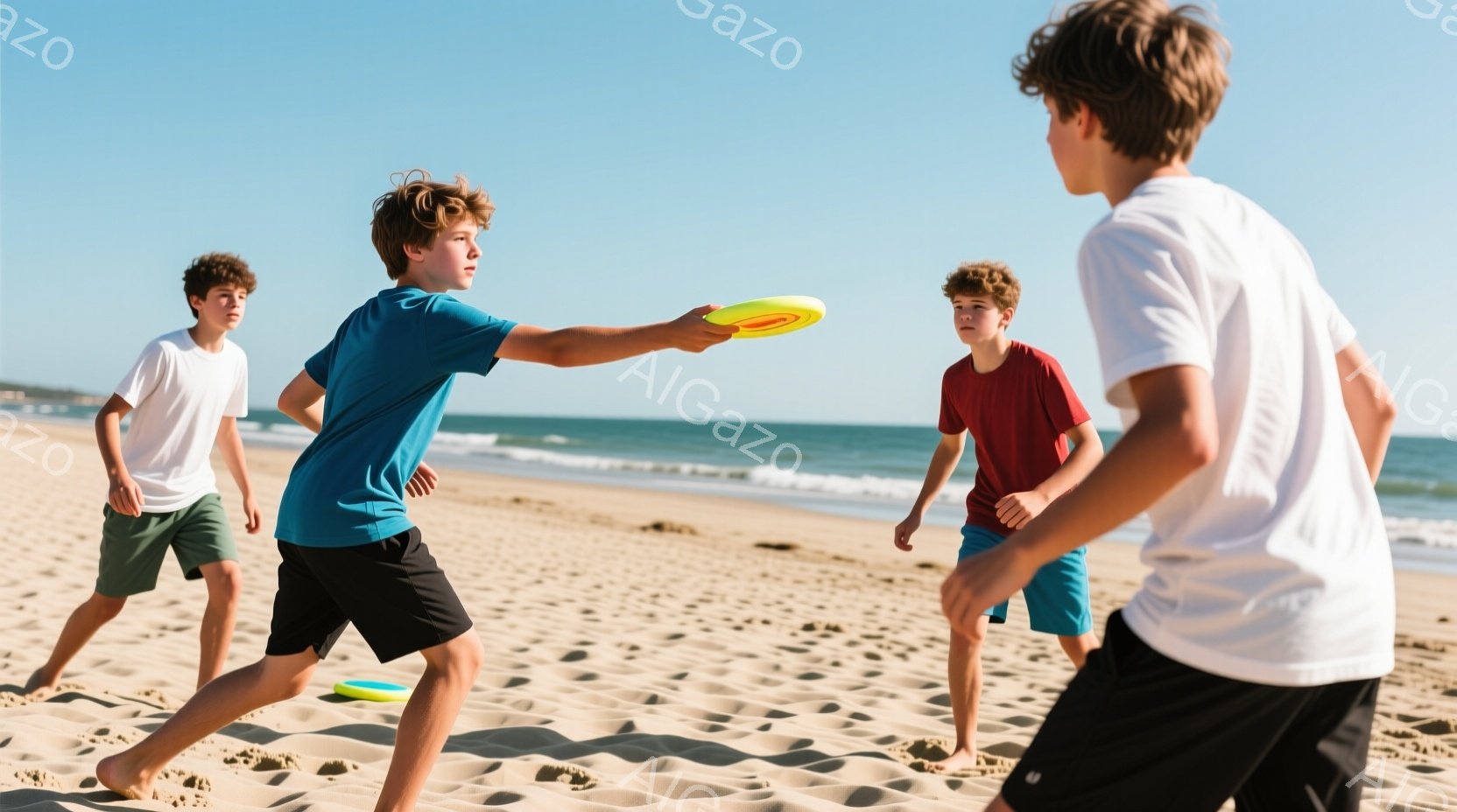 砂浜で少年たちがフリスビーを楽しんでいる様子が写っている。青いTシャツと黒い短パンの少年がフリスビーを投げ、赤いTシャツとターコイズブルーの短パンの少年がそれを受けようとしている。背景には青い海と空が広がり、晴れた日の穏やかな雰囲気が伝わる。