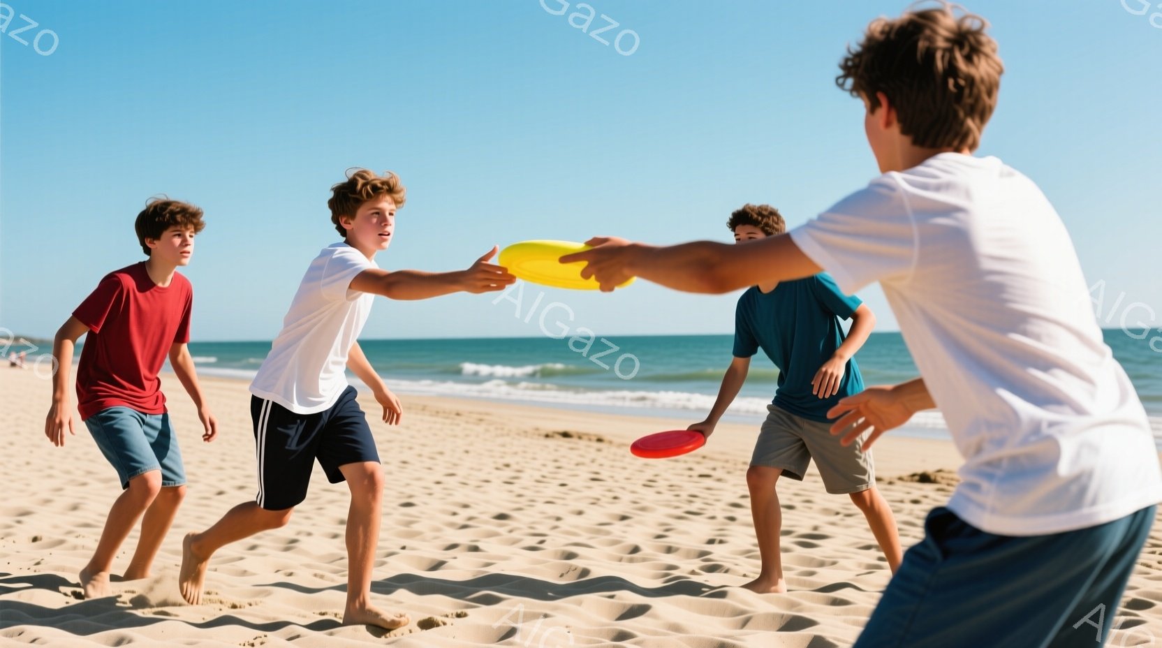 砂浜でフリスビーを楽しむ少年たちが写っている。一人は赤いTシャツとジーンズの短パンを着て走り、別の少年は白いTシャツに黒い短パン姿でフリスビーを投げている。背景には穏やかな海が広がり、晴天の下、活気あふれる夏の雰囲気が漂う。