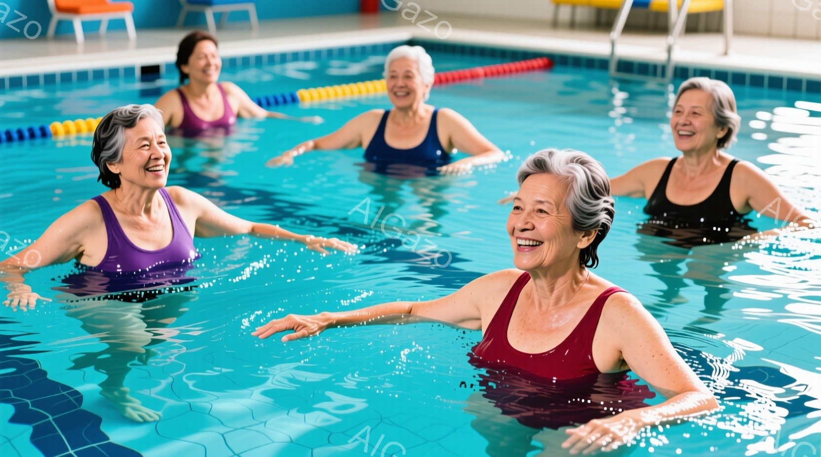 4人の高齢女性が水中でエクササイズを楽しんでいます。彼女たちはそれぞれ濃い色の水着を着ており、笑顔で両腕を横に広げてリラックスした姿勢を見せています。背景は水色のタイル張りのプールの壁で、穏やかで健康的な雰囲気を感じさせます。