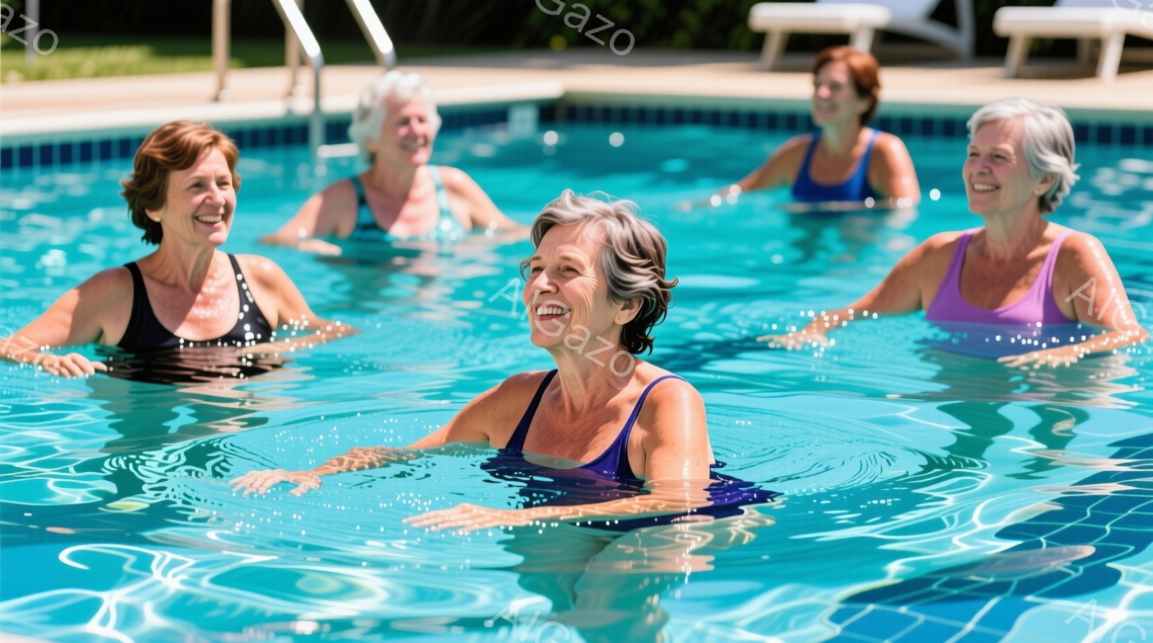 水中で四人の女性が写っており、皆笑顔でリラックスした様子です。女性たちはそれぞれ異なる色の水着を着ており、髪は短く、濡れています。背景には青いプールと、緑豊かな自然、そして晴天の下、白いデッキチェアが見え、穏やかで健康的な雰囲気が漂っています。