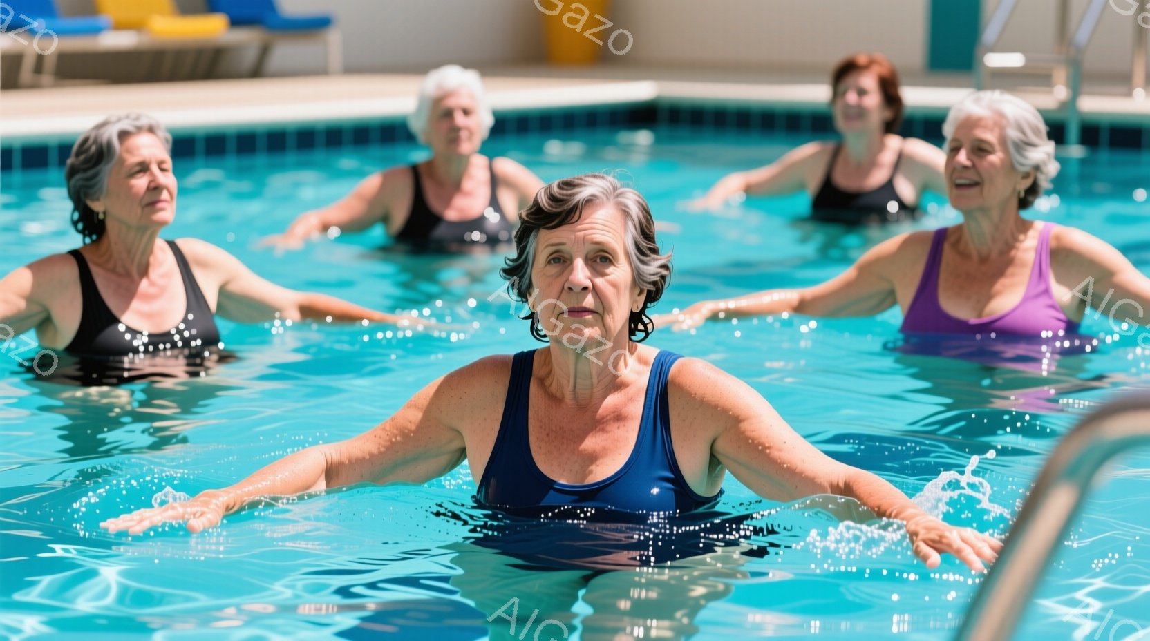 水泳プールの水中で、青い水着を着た女性が両腕を横に広げ、エクササイズの動作を行っています。彼女の周りにも水着を着た年配の女性たちがいて、同様に腕を動かしています。背景はプールの壁と水面で、全体的に健康的なアクティビティを楽しむ活気のある雰囲気です。