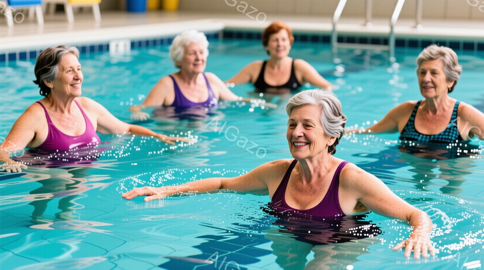鮮やかな紫色の水着を着た、高齢の女性たちが水中でエクササイズをしている様子が写っている。彼女たちは皆笑顔で、腕を広げたり、水中で体を動かしたりしている。背景は明るい青色のプールの水面で、水しぶきが舞い、健康的なアクティブな雰囲気が漂っている。