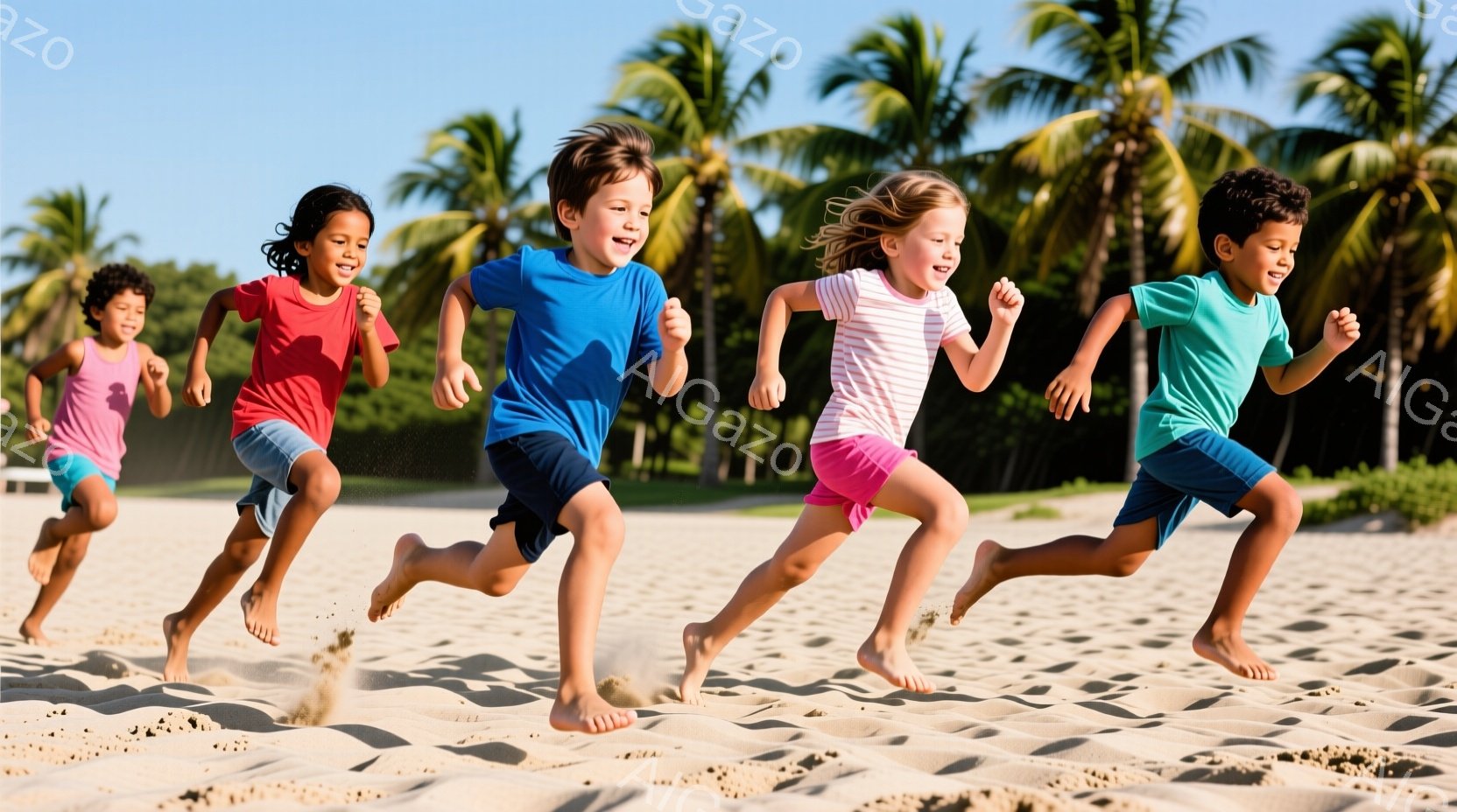 砂浜を四人の子供たちが裸足で走っている様子が写っている。彼らはそれぞれ赤いシャツ、青いシャツ、ピンクと白の縞模様のシャツ、そしてターコイズブルーのシャツを着ており、皆笑顔で楽しんでいる。背景にはヤシの - AI生成フリー素材