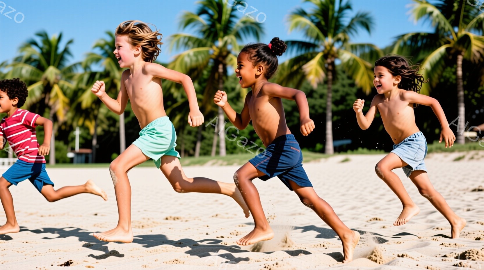 砂浜を駆け抜ける、３人の子供たちの姿が描かれている。それぞれ異なる水着姿で、金髪の少年はターコイズブルーの短パン、黒髪の少年は濃い青色の短パン、そして茶髪の少年は水色の短パンを着用し、皆楽しそうに走っ - AI生成フリー素材
