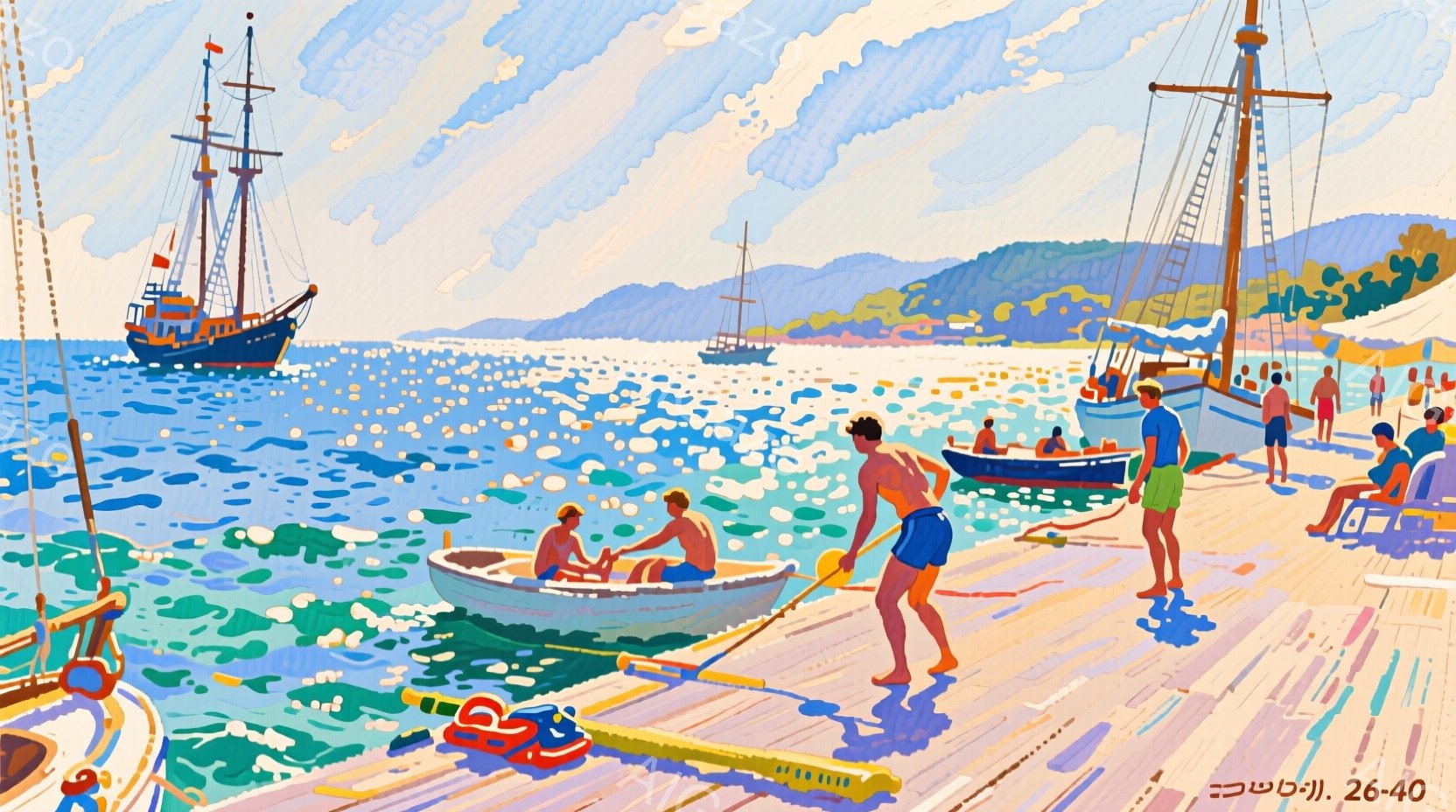 鮮やかな色彩で描かれた海岸の風景で、桟橋には水着姿の男性たちが集まっている。彼らはリラックスした様子で、ボートに乗ったり、桟橋の上を歩いたりしている。背景には青い海と、遠くの山々が広がり、晴天の下、穏やかで活気のある夏の雰囲気が漂っている。