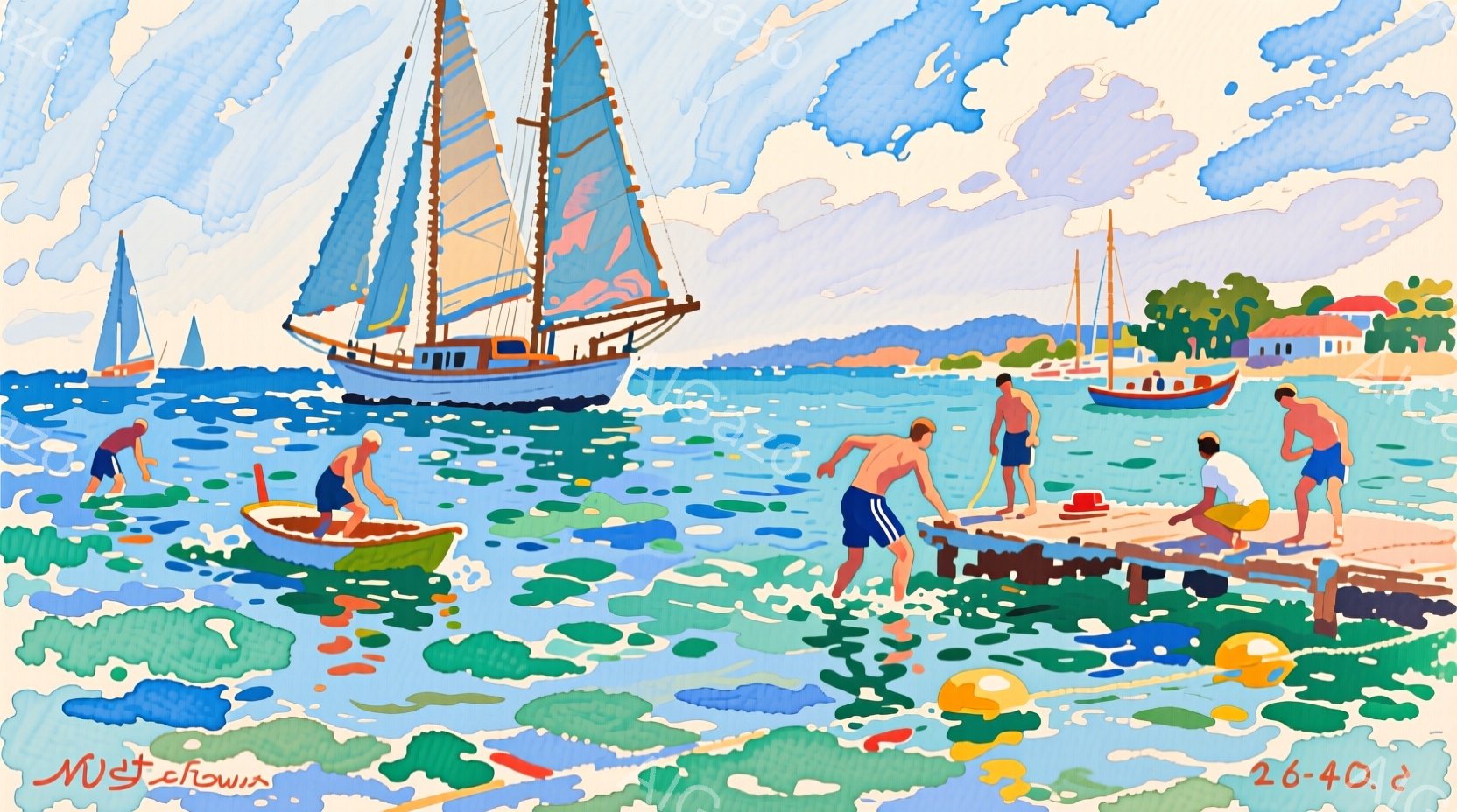 絵画は、明るい日差しの下、海で活動する人々の様子を描いています。人々は皆、水着姿で、小さなボートを漕いだり、桟橋から海に飛び込んだりしています。背景には、白壁の建物が並ぶ海岸線と、穏やかな青い海、そして雲一つない青空が広がっており、全体的に爽やかで活気のある雰囲気が漂っています。