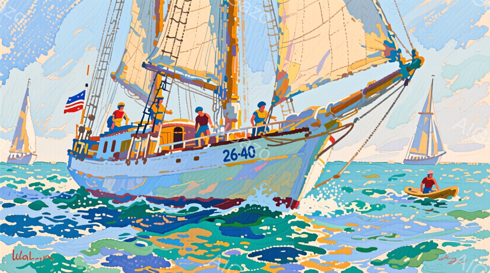 鮮やかなターコイズブルーの帆船が荒波の中を力強く進んでいる様子が描かれている。船上にはアメリカ国旗が掲げられ、数名の乗組員が作業服姿で船の操縦にあたっている。背景には他の帆船やカヤックが浮かび、晴天の下、海の上での活気あふれる情景が広がっている。