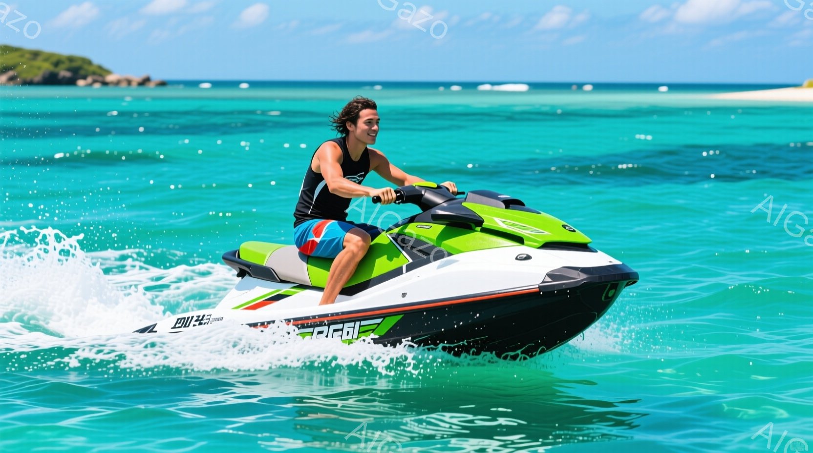 鮮やかな緑と白のジェットスキーに乗った若い男性が写っている。彼は黒のタンクトップと青いショートパンツを着用し、濡れた髪は風になびいている。背景にはターコイズブルーの海と遠くの緑豊かな島々が見え、晴天の - AI生成フリー素材