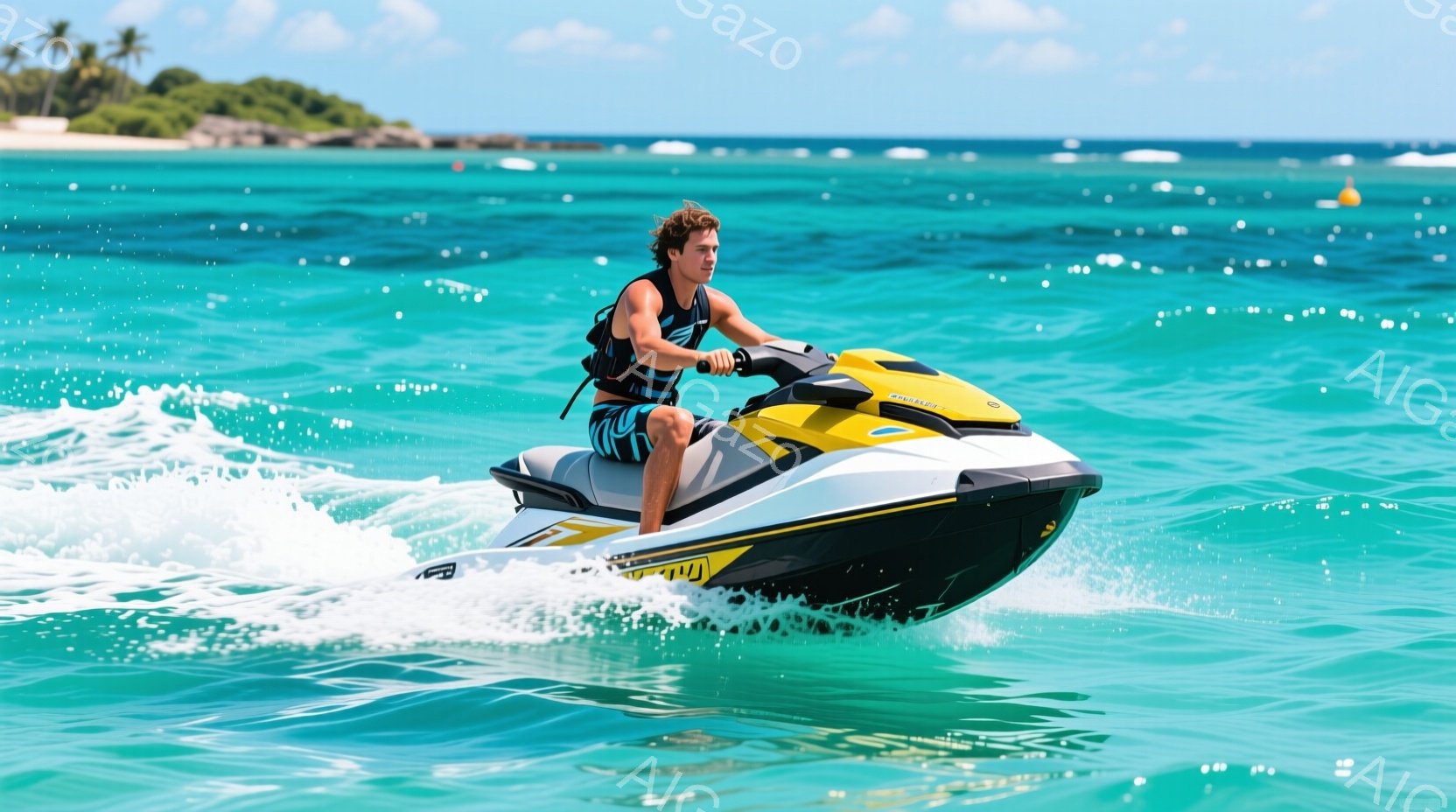 若い男性が鮮やかな黄色のジェットスキーに乗り、ターコイズブルーの海を疾走している。彼は黒いタンクトップとターコイズ色のショートパンツを着用し、濡れたブロンドの髪は風になびいている。背景には緑豊かな島々 - AI生成フリー素材