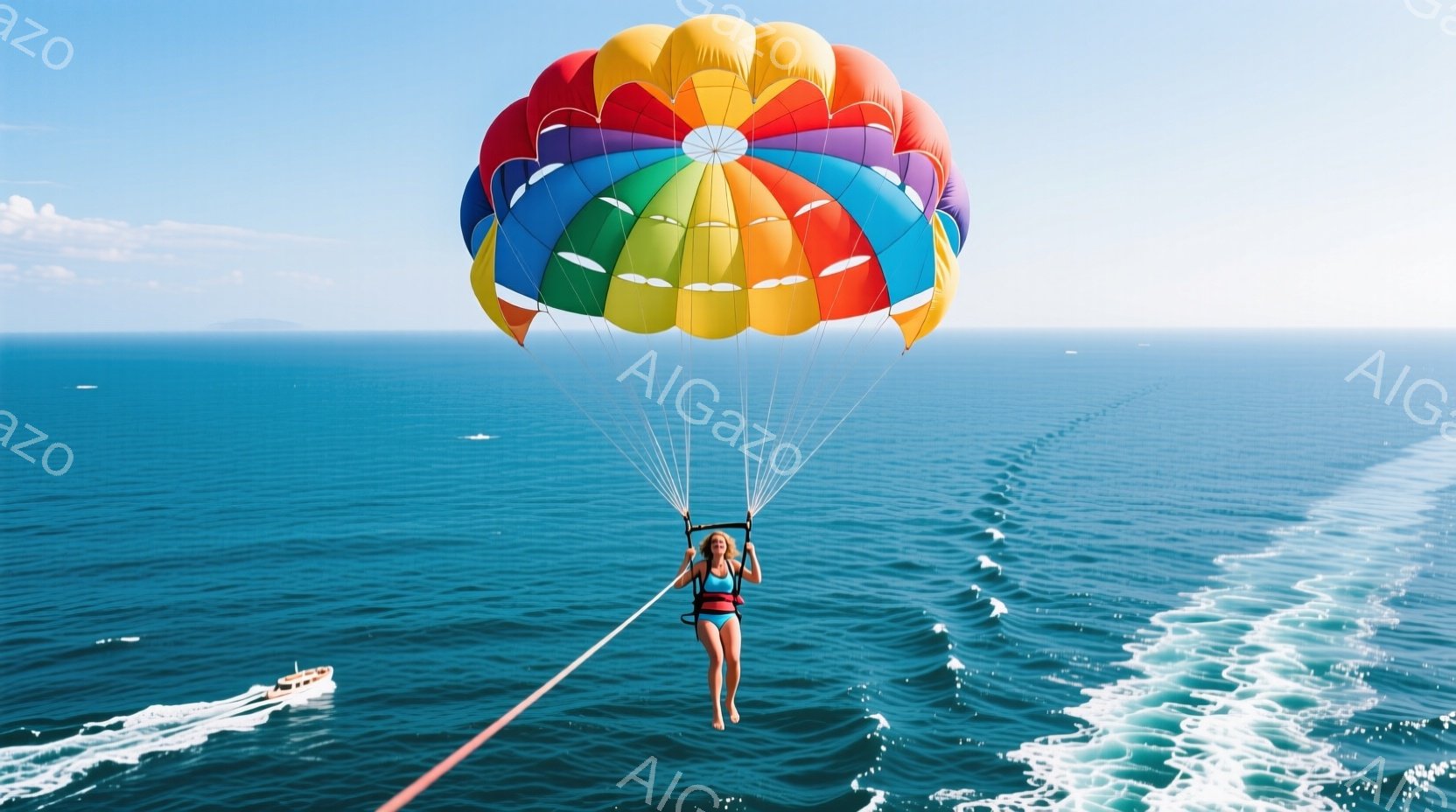 青い海の上空を、カラフルなパラシュートに乗った女性が描かれています。彼女は水着姿で髪を後ろで結び、わずかに微笑んでいます。背景には、遠くに見える島々と、ボートが引きずり、海面に白い波紋が広がる様子が描 - AI生成フリー素材