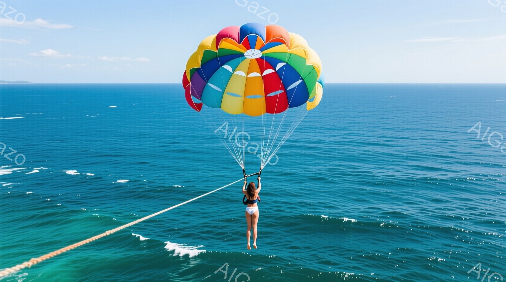青い海の上空を、カラフルなパラシュートが広がり、女性がパラグライダーを楽しんでいる様子が写っている。女性は黒い水着を身につけ、後ろを向いて海を眺めており、髪は後ろで束ねられている。背景には青い海と穏やかな波が広がり、晴天の空が広がっているため、爽やかで開放的な雰囲気が漂っている。