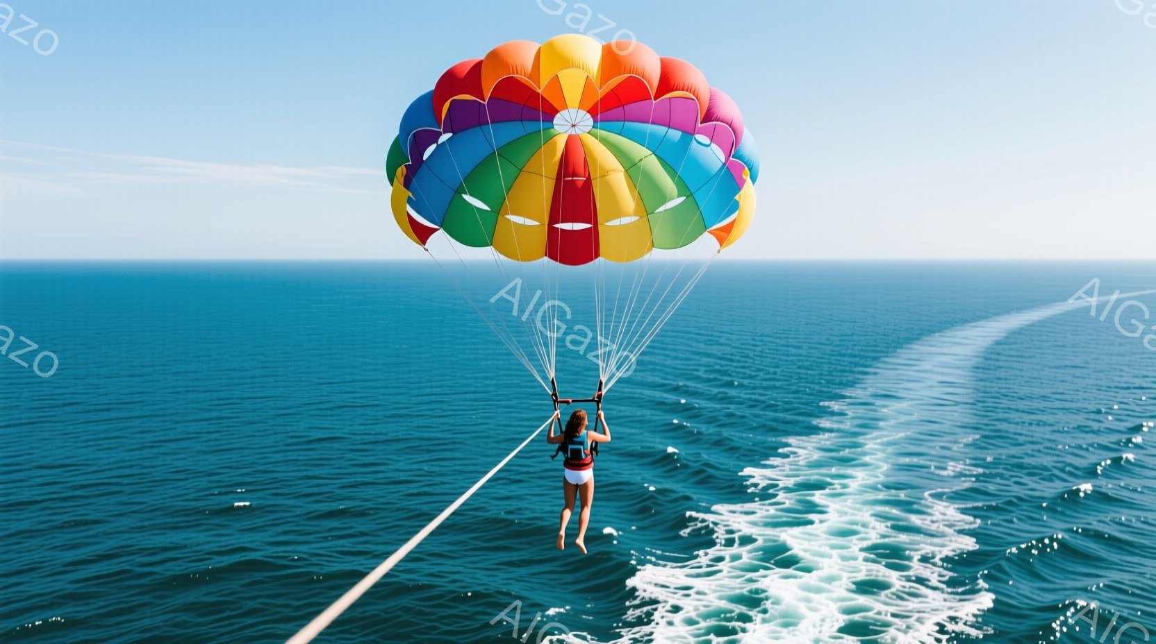 青い海の上空で、カラフルなパラシュートに乗って女性が楽しんでいる様子が写っている。女性は黒い水着を着用し、後ろ向きに立って海を眺めており、髪は後ろで束ねられている。背景には穏やかな海と、ボートが引きず - AI生成フリー素材