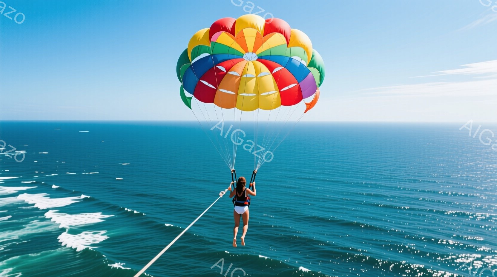 鮮やかなパラシュートが広がり、青い海の上を女性がパラグライダーで飛んでいる様子が捉えられています。女性は水着姿で、後ろ姿からは活気と楽しさが伝わってきます。背景には穏やかな波が広がり、晴天の下、爽やかな夏の雰囲気が漂っています。