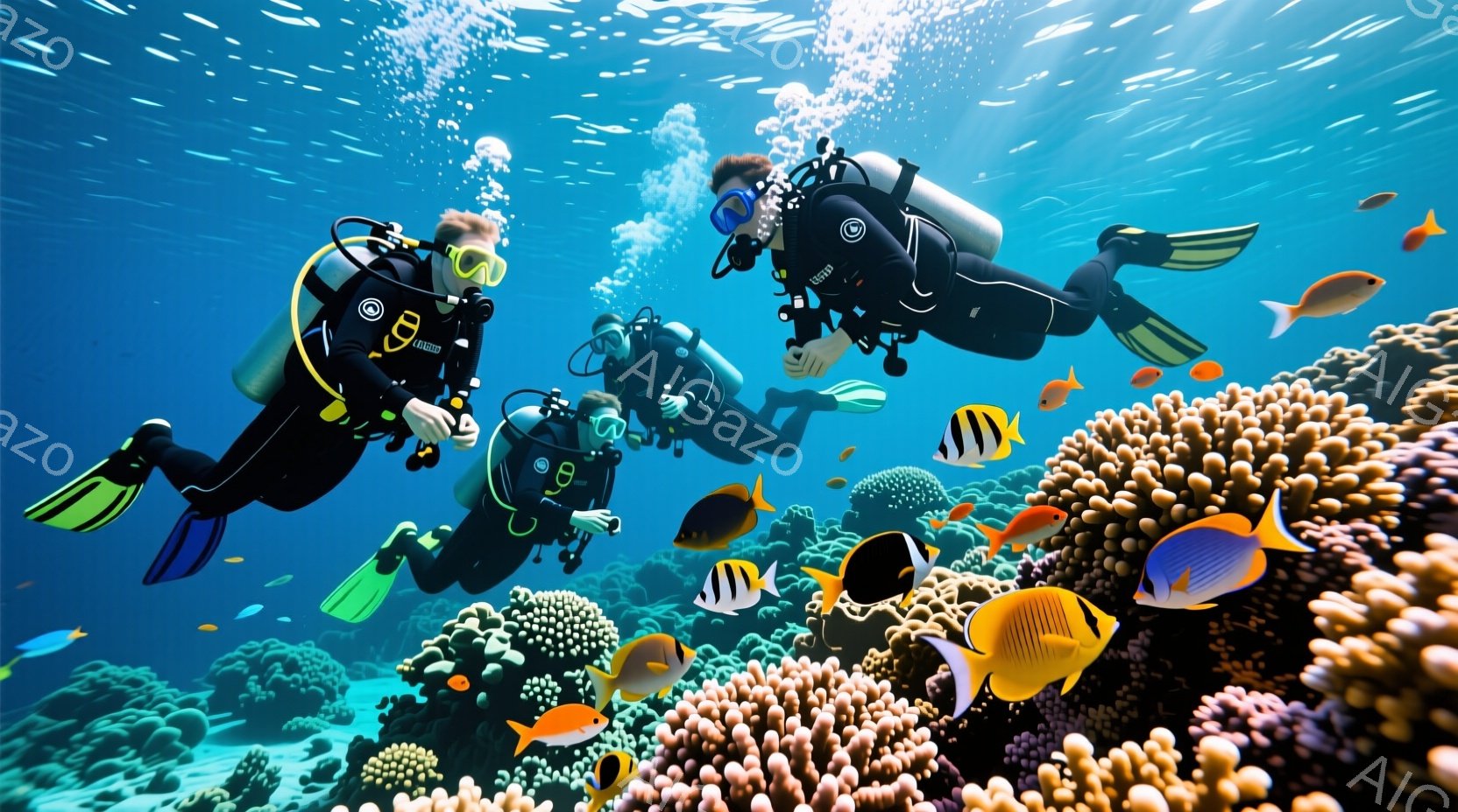 鮮やかな珊瑚礁の中で、3人のダイバーが潜水を楽しんでいます。彼らは黒いウェットスーツを着用し、フィンを付けて水中を移動しており、表情はマスクで隠されていますが、リラックスした雰囲気が伝わってきます。背景には、様々な色と形の珊瑚が広がり、熱帯魚が泳ぎ、水中の太陽光が差し込み、美しい海中世界を描いています。