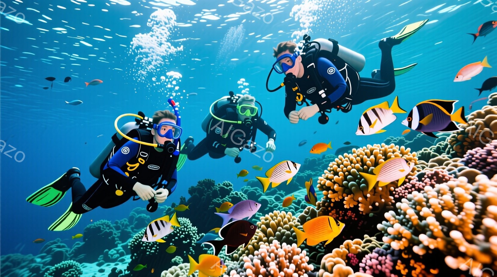 青い海中で、3人のダイバーがカラフルな魚やサンゴ礁に囲まれています。ダイバーたちはそれぞれウェットスーツを着ており、髪型は短髪で、ゴーグルを通して表情ははっきりと見えませんが、リラックスした様子が伺えます。背景には多様なサンゴ礁と熱帯魚が密集し、穏やかで鮮やかな海洋の雰囲気を醸し出しています。