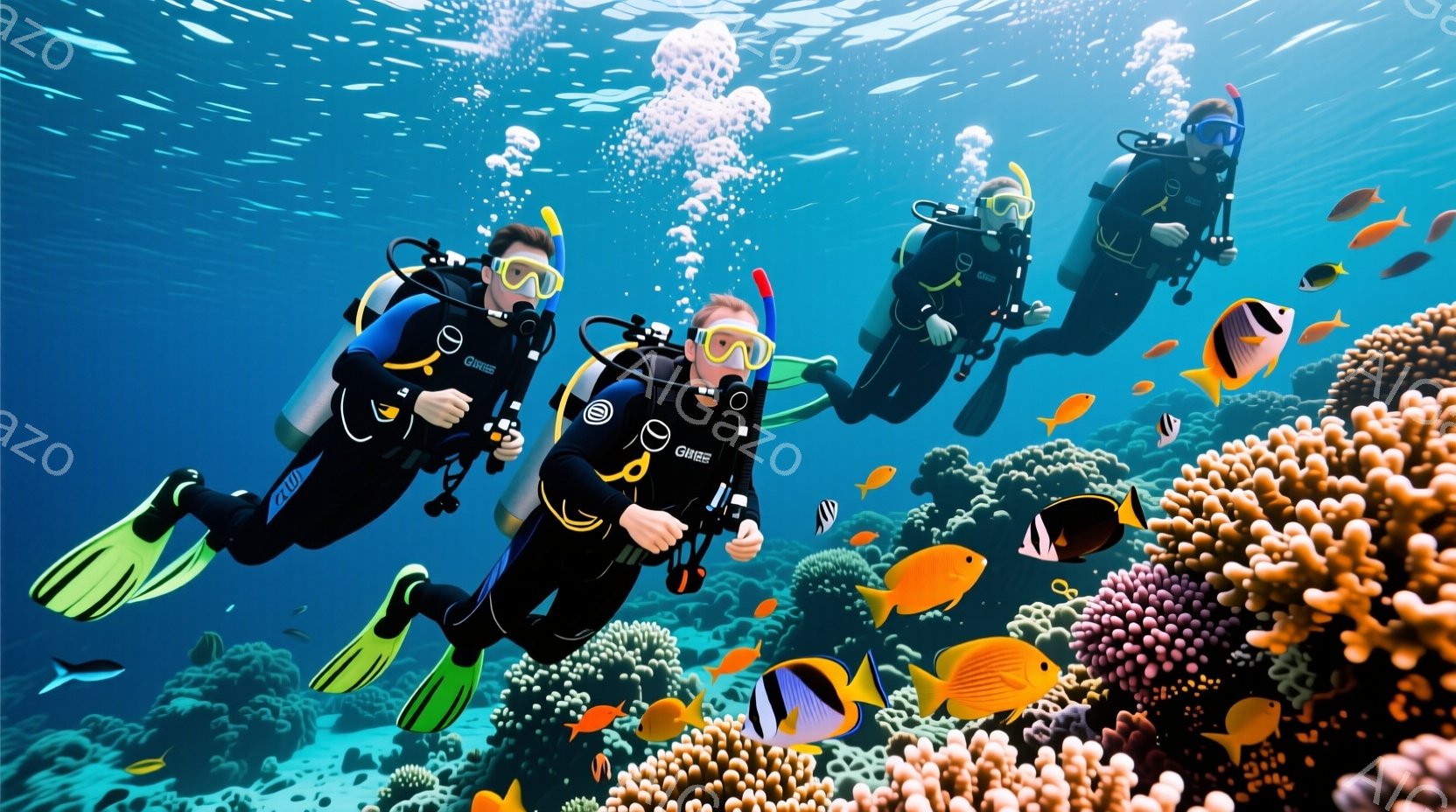 鮮やかな珊瑚礁の中をダイビングする3人のダイバーが描かれています。彼らは黒いウェットスーツを着用し、黄緑色のフィンを付けており、顔はマスクで覆われて表情はわかりませんが、リラックスした姿勢で水中を泳いでいます。背景には様々な熱帯魚が泳ぎ、珊瑚礁が広がり、青い海が広がり、全体的に穏やかで美しい海中世界が表現されています。