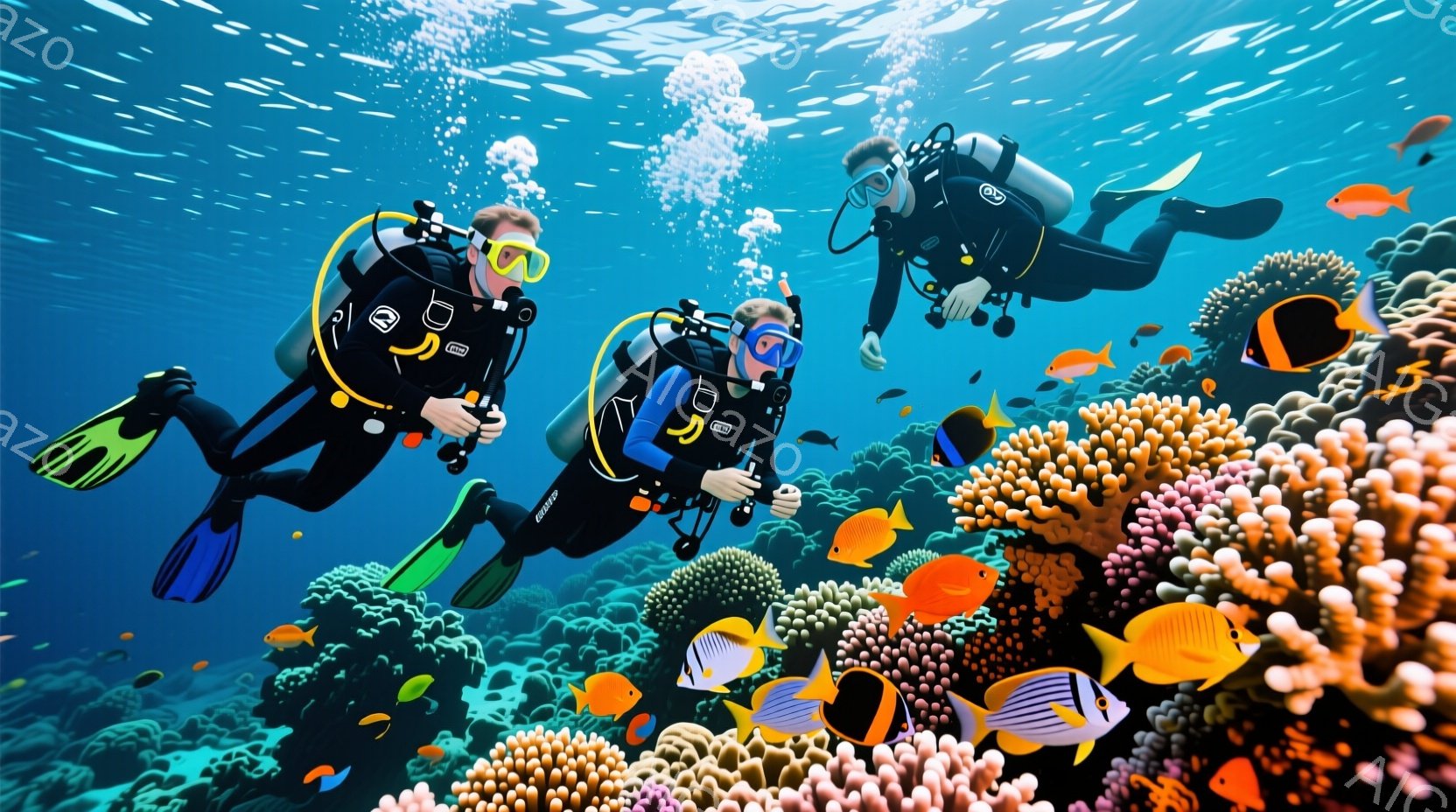 三人のダイバーが鮮やかな珊瑚礁の中で水中を泳いでいる。彼らは黒いウェットスーツとフィンを着用し、酸素ボンベを背負っている。珊瑚礁はオレンジ、黄色、白など様々な色で彩られ、熱帯魚が群れをなして泳いでいる様子が、暖かく生命力に満ちた雰囲気を作り出している。