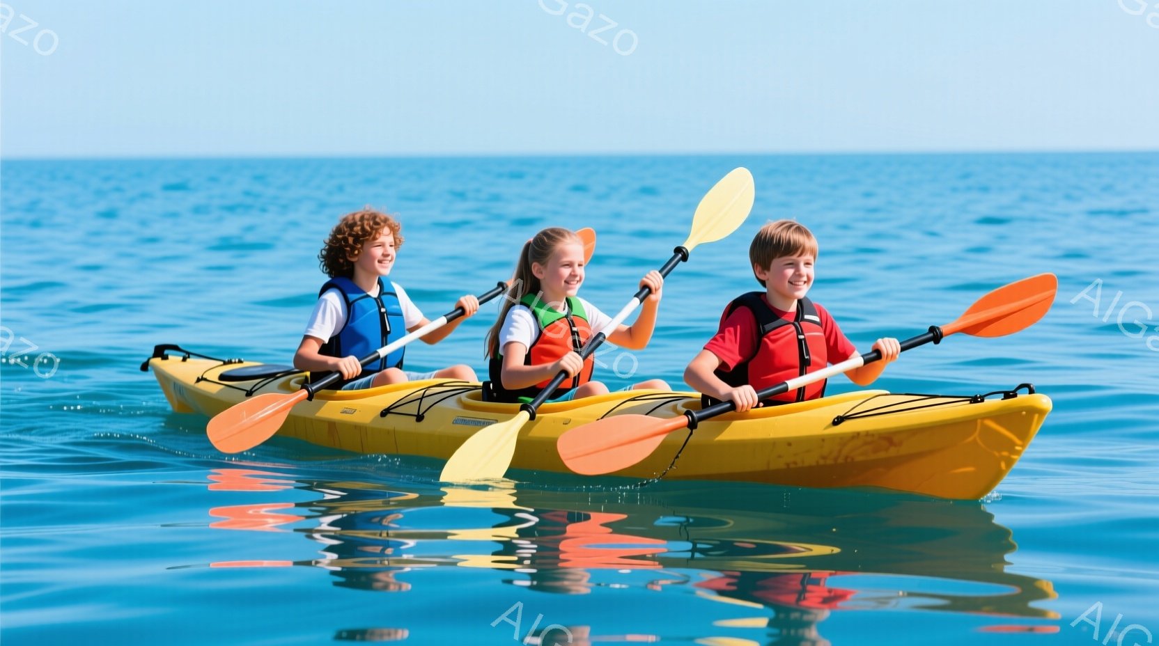 明るい黄色のカヤックに、３人の子どもたちが乗っています。それぞれ青や赤のライフジャケットを着ており、オレンジ色のパドルを持って漕いでいます。背景は穏やかな青い海で、水面にはカヤックの反射が見られ、晴れた日の穏やかな雰囲気が漂っています。