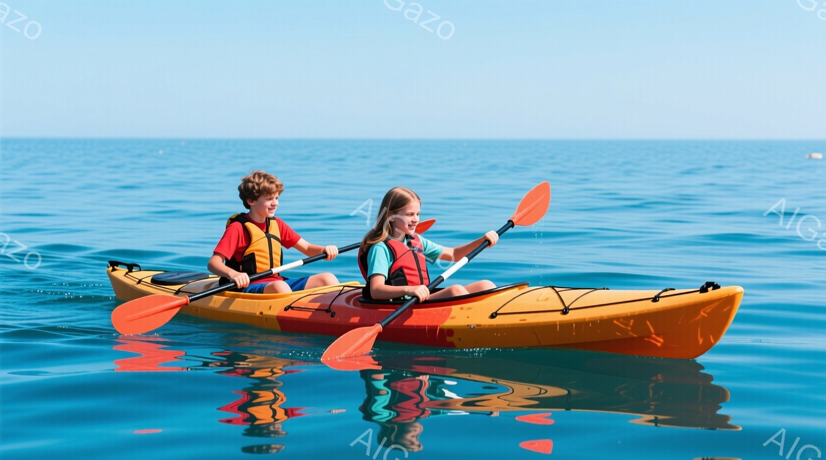 少年と少女がオレンジと赤のカヤックに乗って海を漕いでいる。少年は短髪で、水色の短パンとオレンジ色のライフジャケットを着ている。少女は三つ編みで、同じくオレンジ色のライフジャケットを着ていて、二人とも前方に漕ぎ出すような姿勢で、表情は真剣で楽しそうだ。