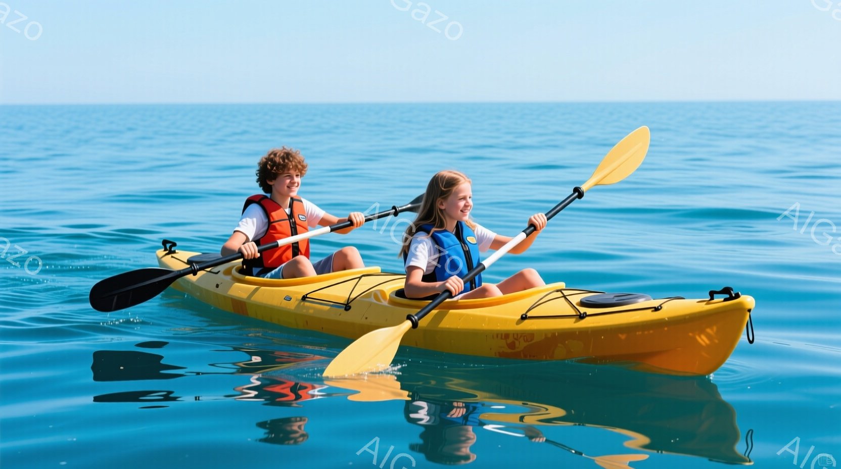 明るい黄色のカヤックに、少年と少女が乗っている。少年は巻き毛で白いTシャツを着ており、少女は髪を後ろで結び、同じく白いTシャツと救命胴衣を着ている。背景は穏やかな青い海で、太陽の光が反射してキラキラと輝いている。