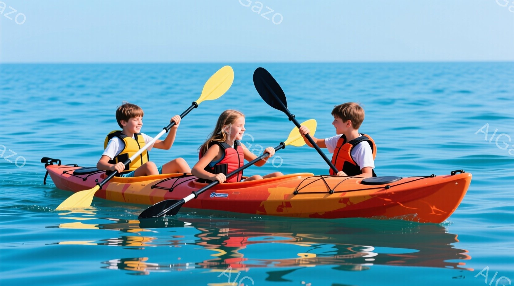 3人の子供たちがカヤックに乗って海を漕いでいる様子が写っている。全員がライフジャケットを着用し、それぞれパドルを持っている。晴れた空と穏やかな海が広がり、子供たちは笑顔で漕ぎ進んでいる。