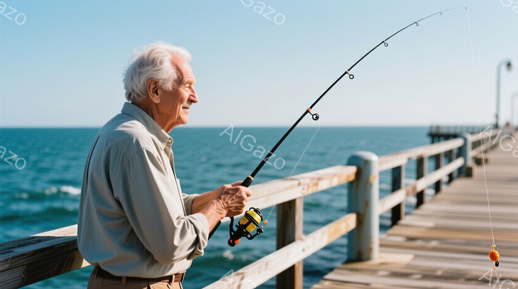 白髪で皺の多い男性が、桟橋の上で釣り竿を握り、海を見つめています。彼はベージュ色のシャツに茶色のズボンを着用しており、リラックスした表情を浮かべています。背景には青い海と空、そして遠くに見える建物があり、穏やかで平和な雰囲気を醸し出しています。