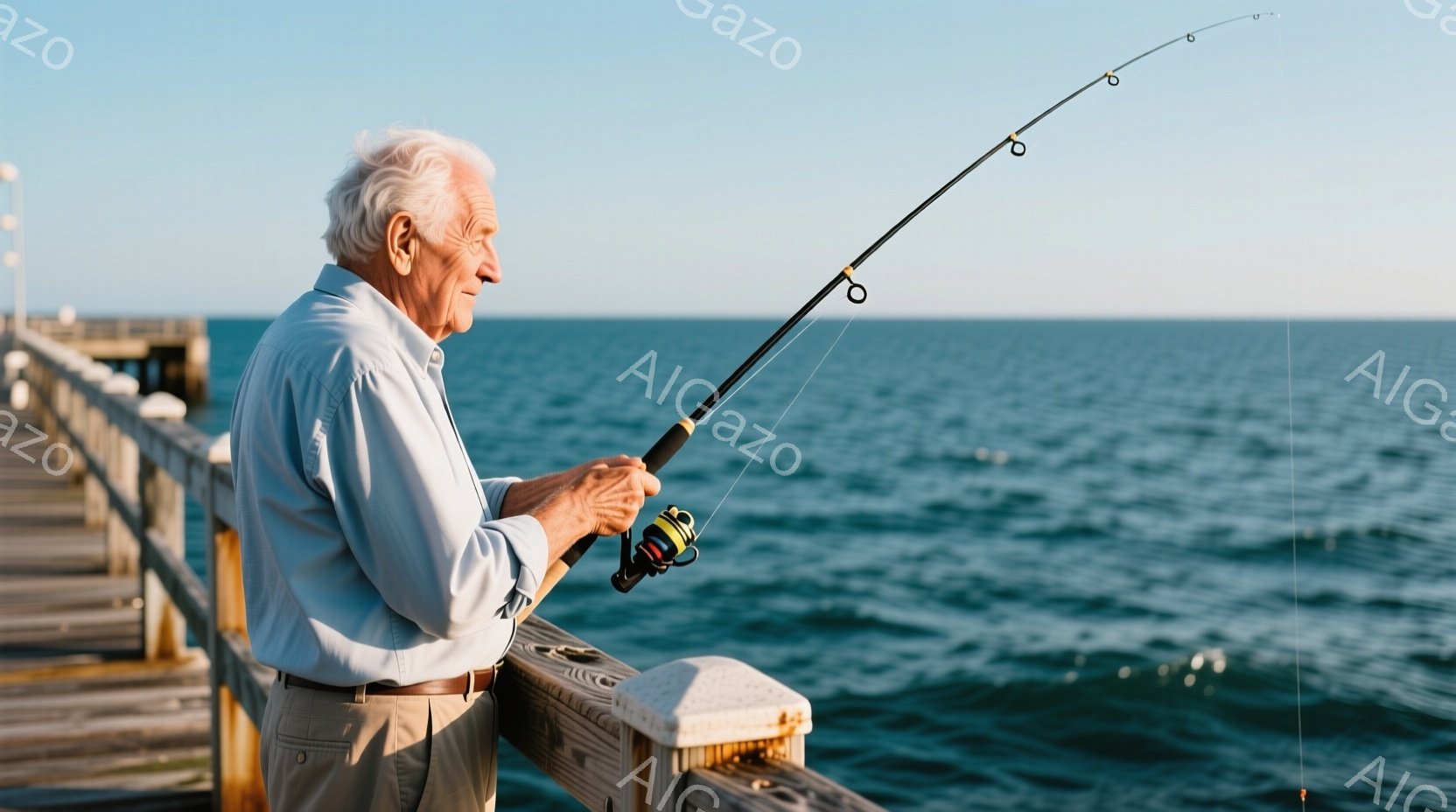 白髪でしわがれた顔立ちの老人が、桟橋の上で釣り竿を握り、海を凝視している。彼は水色のシャツにベージュ色のズボンを着用しており、リラックスした姿勢で、穏やかな表情をしている。背景には穏やかな海が広がり、天候は晴れで、全体的に穏やかで平和な雰囲気が漂っている。