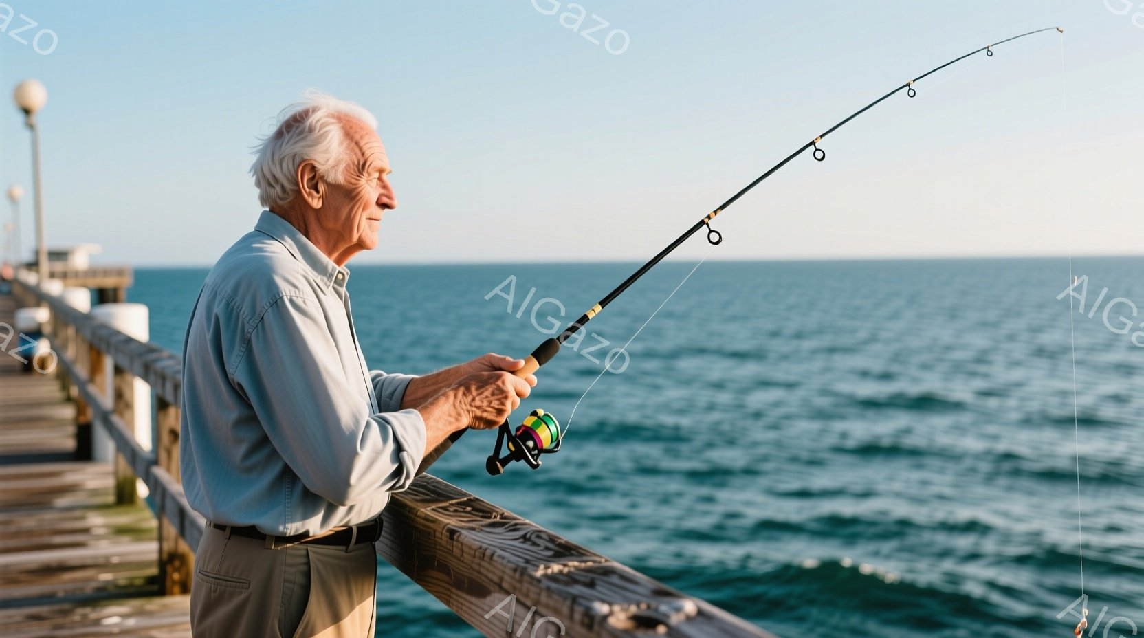 白髪で皺の刻まれた高齢の男性が、桟橋の手すりに寄りかかり、釣り竿を持っています。彼は薄い水色のシャツとベージュのズボンを着用しており、リラックスした表情で遠くを見つめています。背景には穏やかな青い海が広がり、穏やかな晴天の下、静かで平和な雰囲気が漂っています。