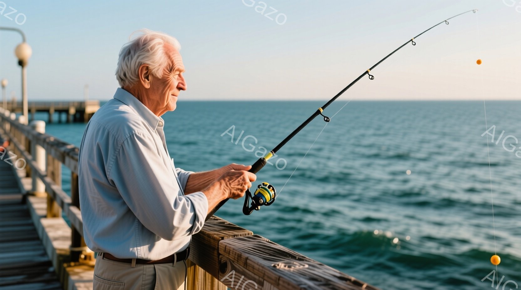 白髪でしわがれた顔立ちの老人が、桟橋の上で釣りを楽しんでいます。彼は薄いブルーのシャツとベージュのズボンを着用し、釣り竿をしっかりと握り、遠くの海を見つめています。背景には穏やかな青い海が広がり、天候は晴れで、全体的に穏やかで平和な雰囲気です。