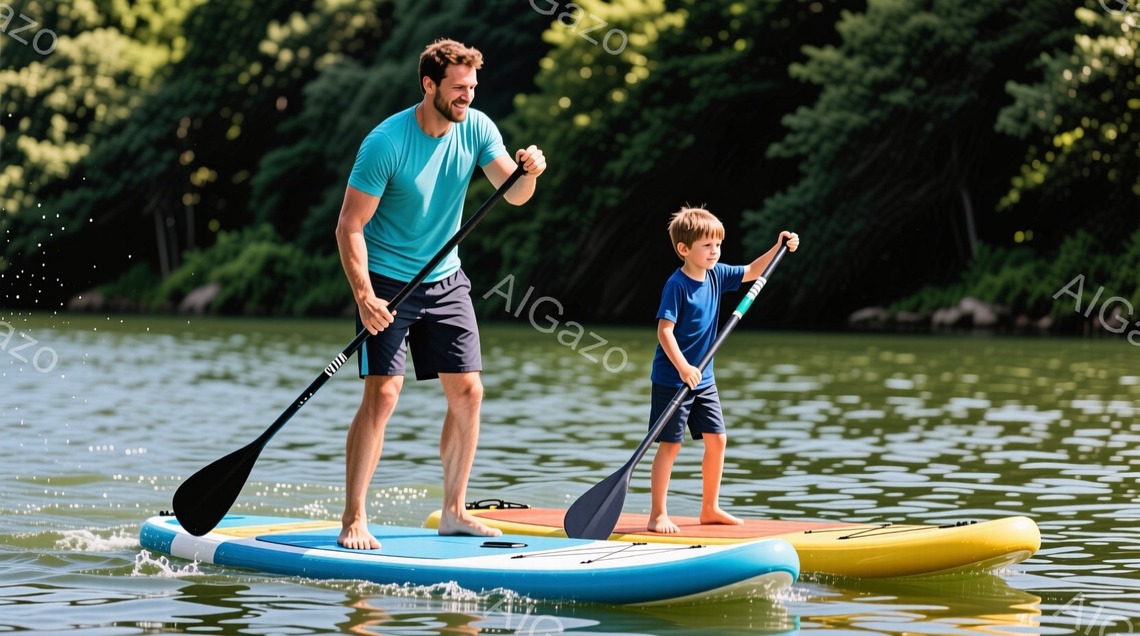 日差しが強い晴れた日に、父と息子がSUP（スタンドアップパドルボード）を楽しんでいます。父親は短い紺色の短パンとターコイズブルーのTシャツを着て、息子は同じように紺色の短パンと青いTシャツを着ています。背景には緑豊かな木々が見え、水面は穏やかで、二人はリラックスした雰囲気でパドルを漕いでいます。