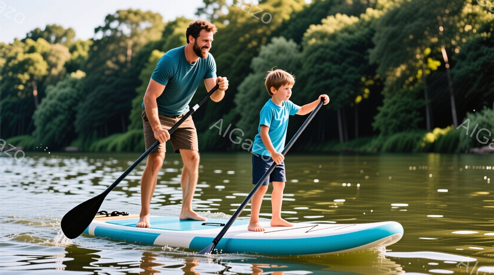 日差しの中で、立ってパドルボードに乗る父と息子が写っています。父は短髪で髭を生やし、青いTシャツとベージュのショートパンツを着用し、息子は明るい青いTシャツと黒いショートパンツを着ています。背景には緑豊かな木々が生い茂り、穏やかな水面が広がり、穏やかで平和な夏の日の雰囲気を醸し出しています。