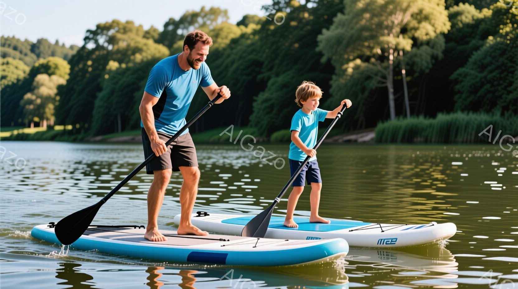 穏やかな湖で、父と息子がSUP（スタンドアップパドルボード）に乗って楽しんでいる様子が描かれています。父親は青いTシャツと黒のショートパンツ姿で、息子は同じく青いTシャツと濃い色のショートパンツを着て、それぞれパドルを手に前進しています。背景には緑豊かな木々が広がり、晴天の下、穏やかな水面に映る景色が、平和でリラックスした雰囲気を醸し出しています。