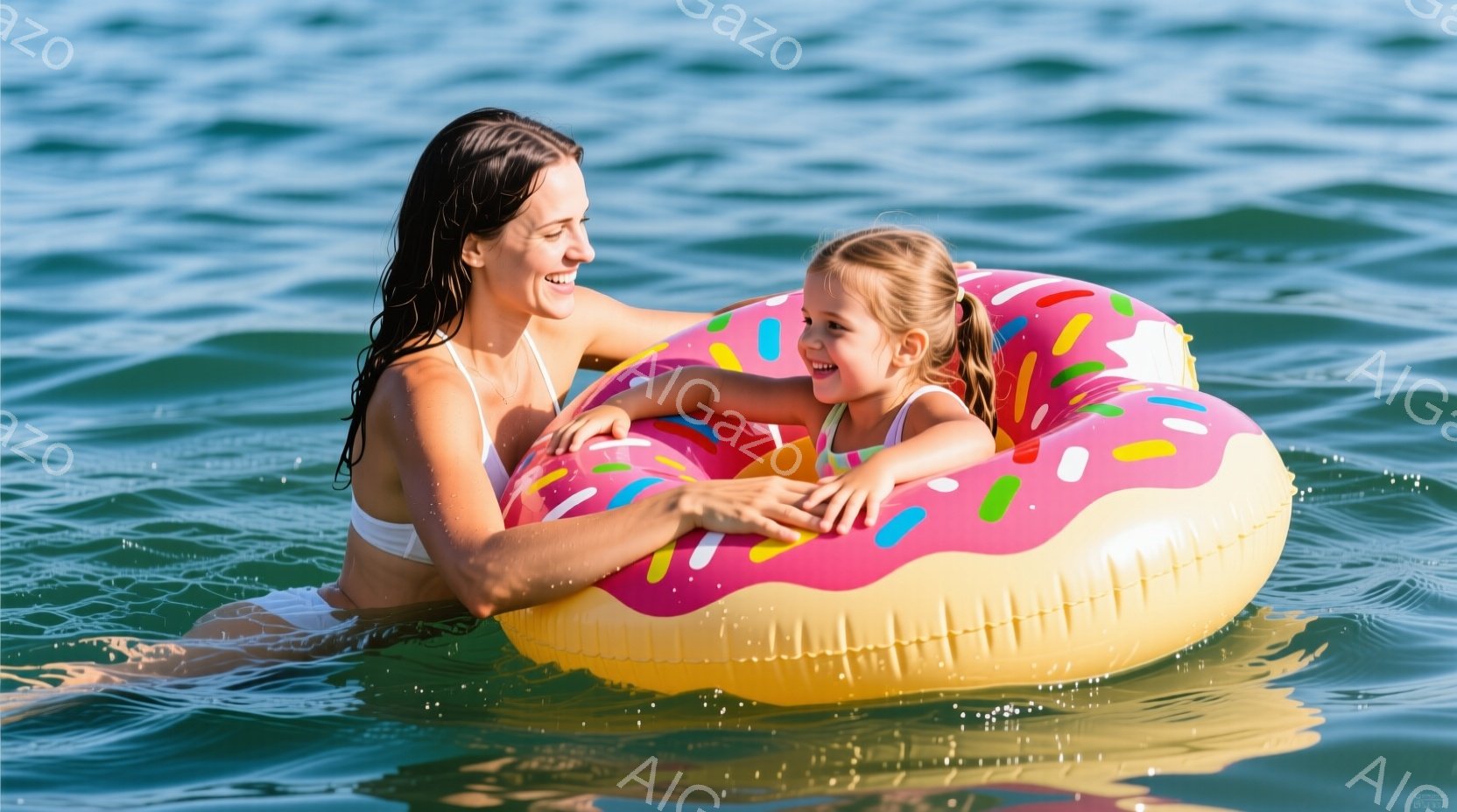 明るい日差しの下、女性と幼い少女が水中で楽しんでいる様子が写っている。女性は黒髪を後ろに束ね、白い水着を着ており、少女はピンク色の水着を着て、ドーナツ型の浮き輪に乗っている。二人は笑顔で水面を見つめ、 - AI生成フリー素材